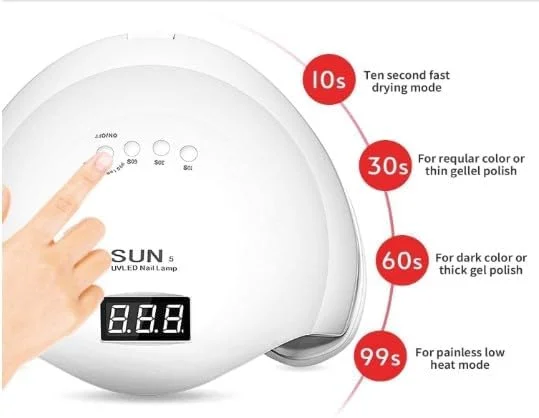 دستگاه خشک کن لاک ناخن LED UV مدل SAJ9440 -SUN-5 48W با سنسور مادون قرمز، تنظیم زمان و نمایشگر LCD (سفید)