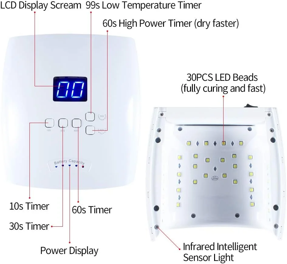دستگاه خشک کن لاک ژل ناخن LED UV شارژی، دستگاه حرفه ای و بی سیم با سنسور اتوماتیک، دارای 5 تایمر مختلف، مناسب برای سالن و منزل