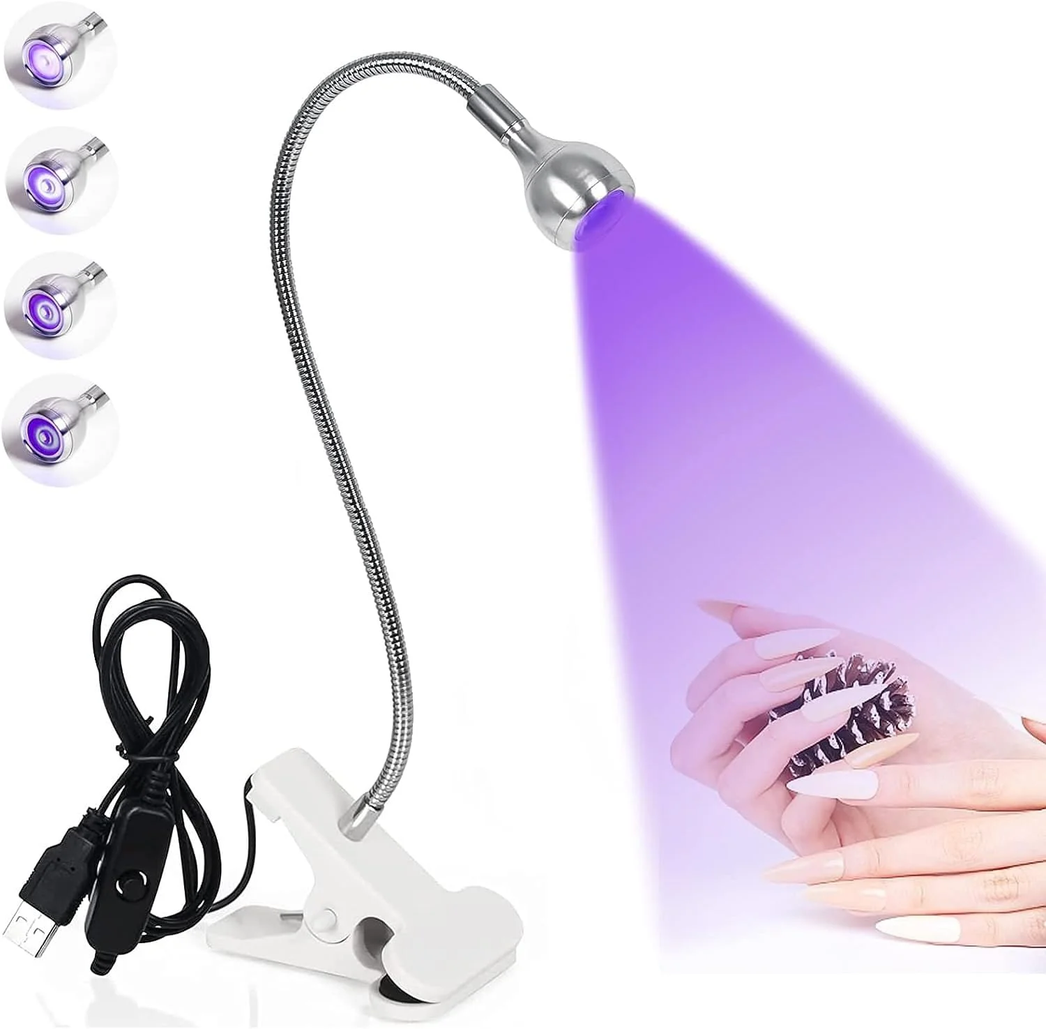 چراغ LED ناخن ALMEKAQUZ UV، چراغ خشک کننده لاک ژل ناخن 3 وات با گیره گردنی قابل تنظیم در 4 سطح، خشک کن ناخن ژلی، چراغ خشک کننده قابل حمل مانیکور برای ناخن های سالنی و خانگی (سفید)
