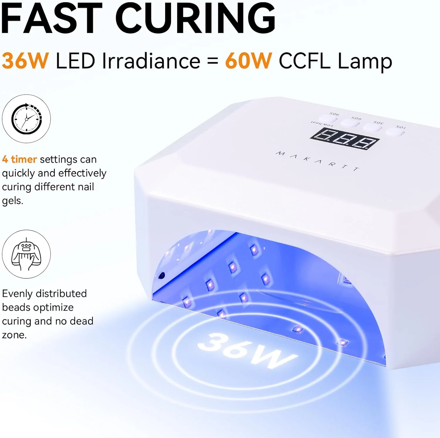 دستگاه خشک کن لاک ژل ناخن UV LED ماکارت، چراغ UV برای ناخن های ژلی قابل شارژ مدل Aurora 36W با 4 تایمر و سنسور خودکار صفحه نمایش LCD، دستگاه حرفه ای خشک کن سریع لاک ژل برای مانیکور خانگی و سالن
