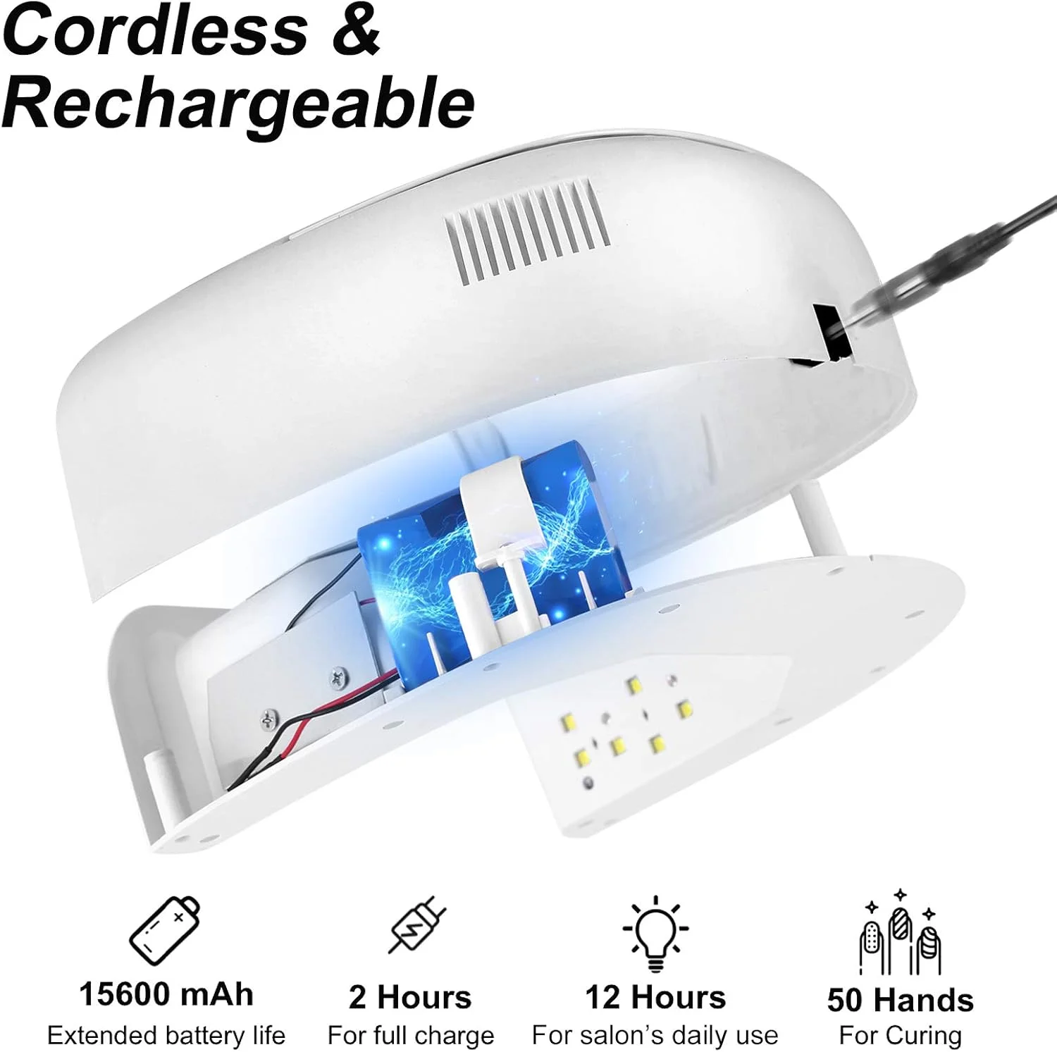 دستگاه خشک کن لاک ناخن LED UV شارژی 60 واتی، خشک کن سریعتر بی سیم لاک ژل با 42 لامپ و دسته قابل حمل، دستگاه خشک کن حرفه ای برای ناخن های دست و پا (سفید)