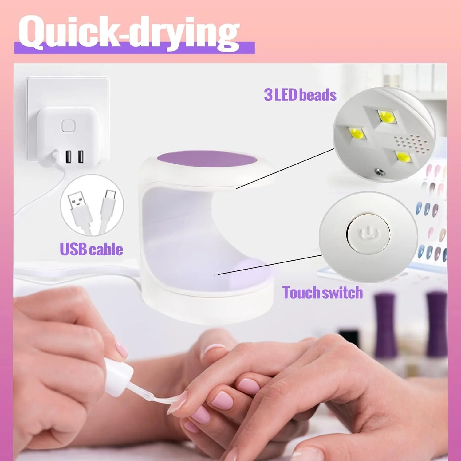 دستگاه خشک کن لاک ناخن UV، مینی لامپ UV قابل حمل برای ناخن های ژلی، لامپ ژلی USB، لامپ خشک کن سریع 60 ثانیه ای برای لاک ژل (بنفش)