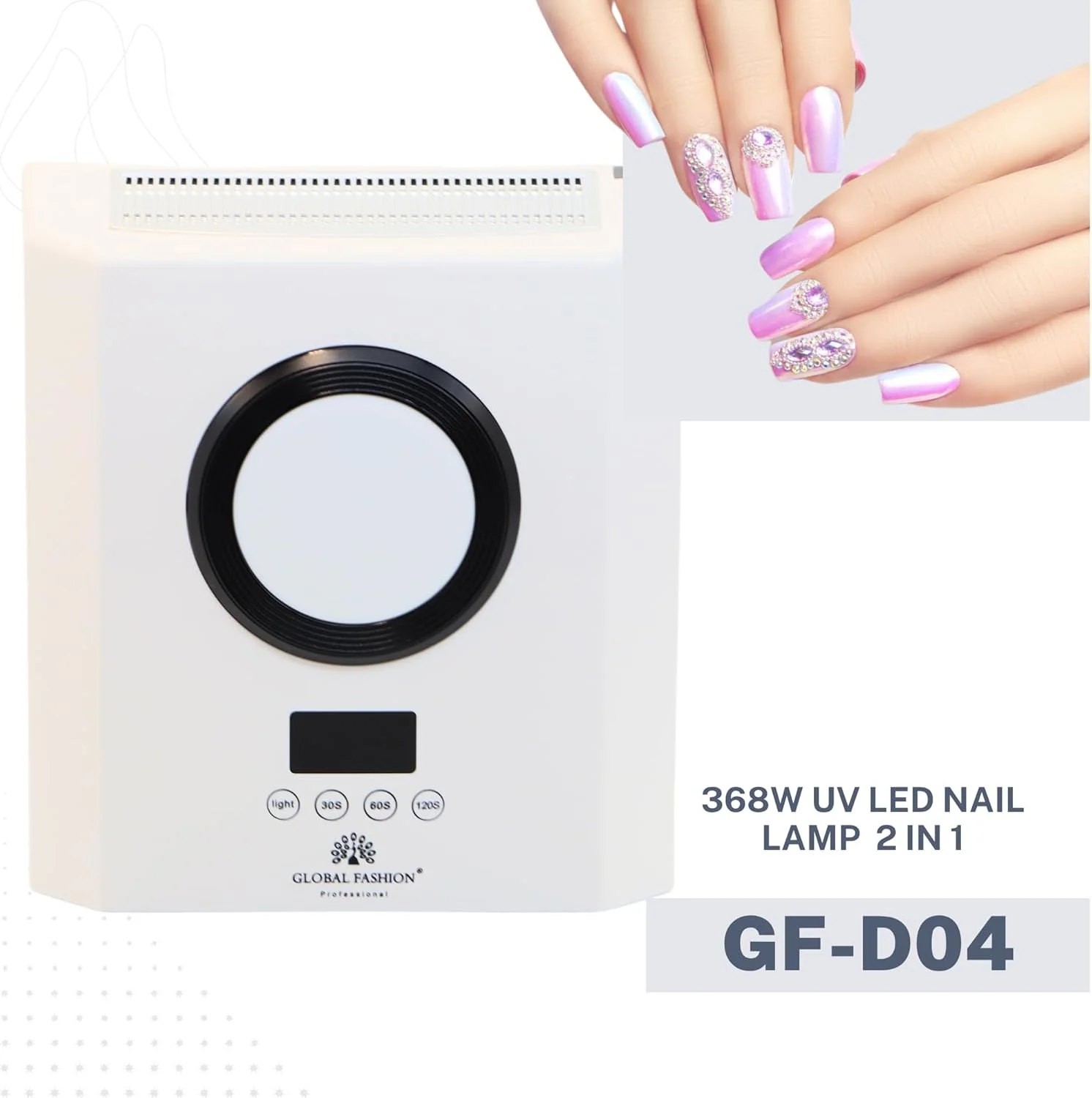 دستگاه خشک کن لاک ناخن یو وی ال ای دی 368 وات گلوبال فشن مدل GF-D04 – منبع نور دوگانه 365nm+405nm، خشک کن لاک ژل 2 در 1، سنسور هوشمند، تایمر 30s/60s/90s/120s، نمایشگر LCD، برای مانیکور و پدیکور (سفید)