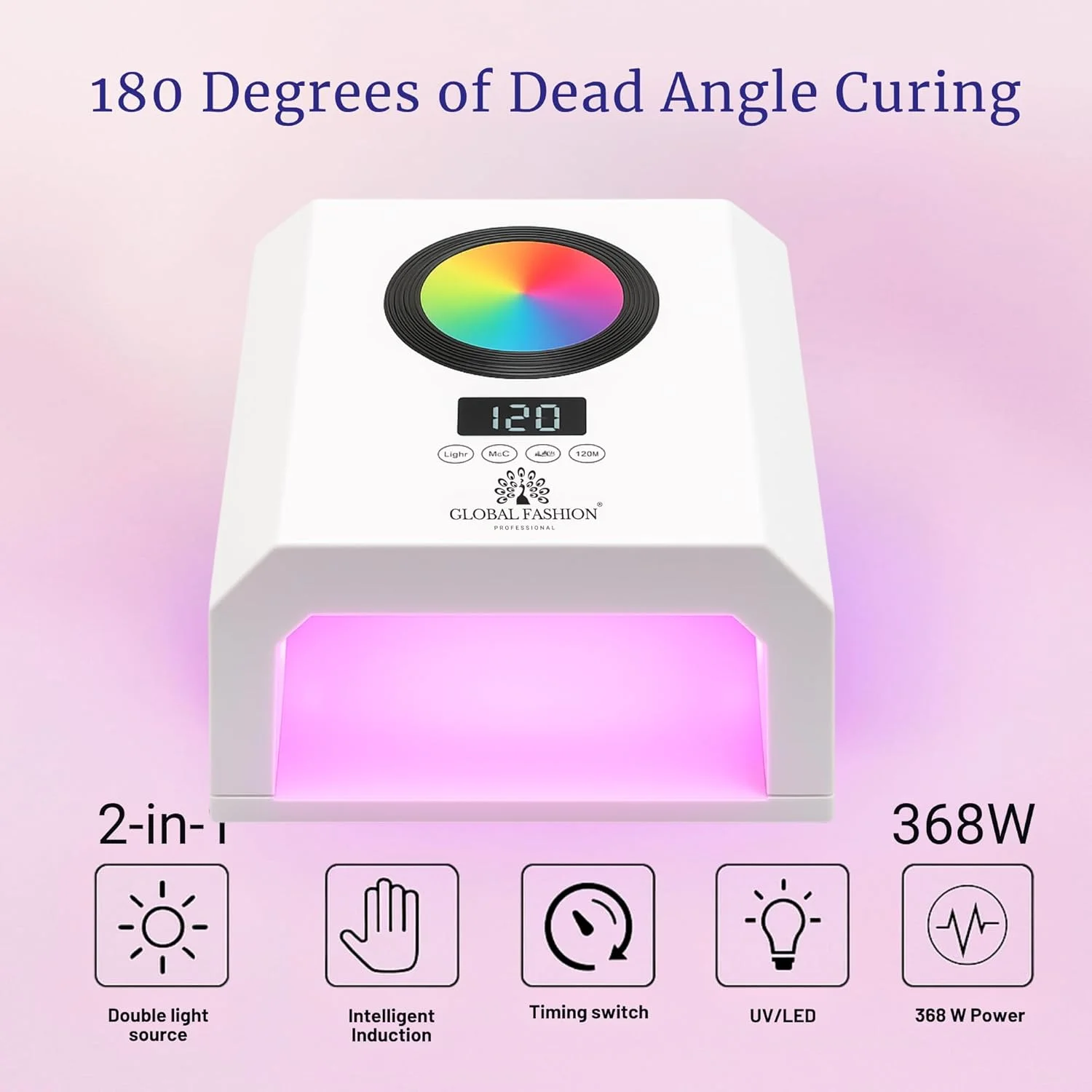 دستگاه خشک کن لاک ناخن یو وی ال ای دی 368 وات گلوبال فشن مدل GF-D04 – منبع نور دوگانه 365nm+405nm، خشک کن لاک ژل 2 در 1، سنسور هوشمند، تایمر 30s/60s/90s/120s، نمایشگر LCD، برای مانیکور و پدیکور (سفید)