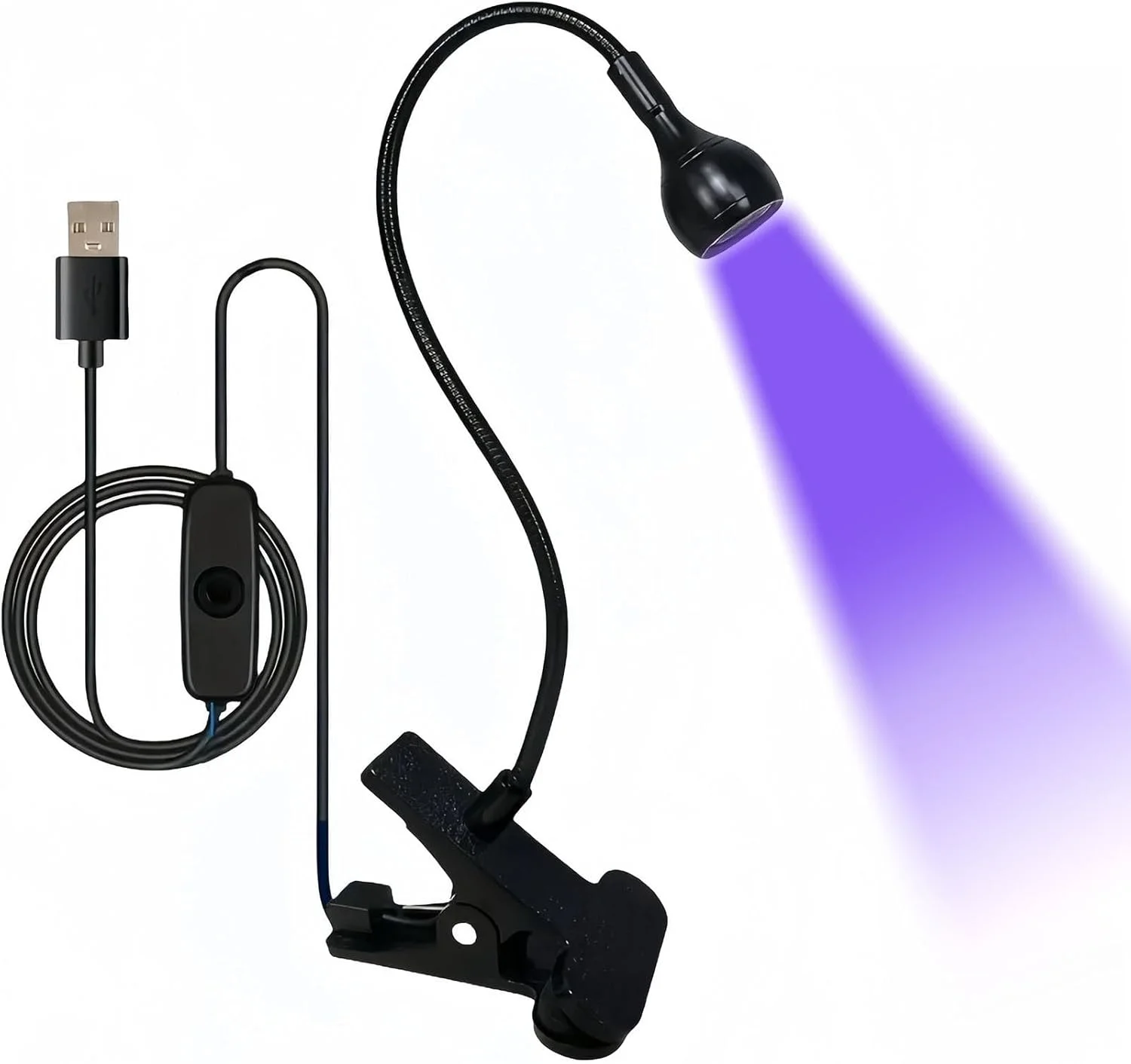 چراغ LED کوچک UV برای خشک کردن و سخت کردن لاک ژل ناخن، دارای گردن غازی مشکی و گیره، با قابلیت تنظیم 360 درجه، مناسب برای استفاده خانگی