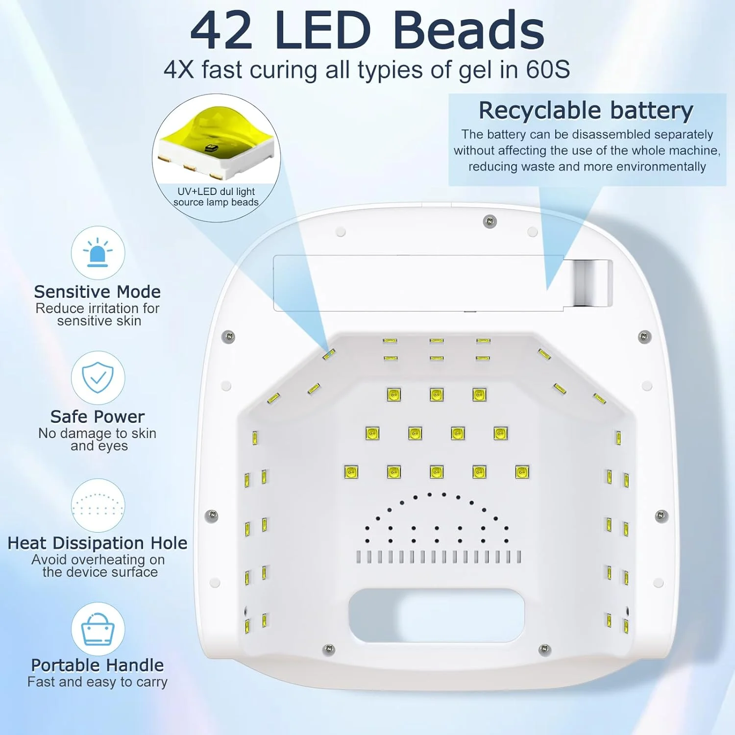 دستگاه خشک کن لاک ناخن UV شارژی بی سیم، 60 وات حرفه ای با پایه فلزی، خشک کن سریع لاک LED قابل حمل، 3 تایمر برای سالن یا خانه
