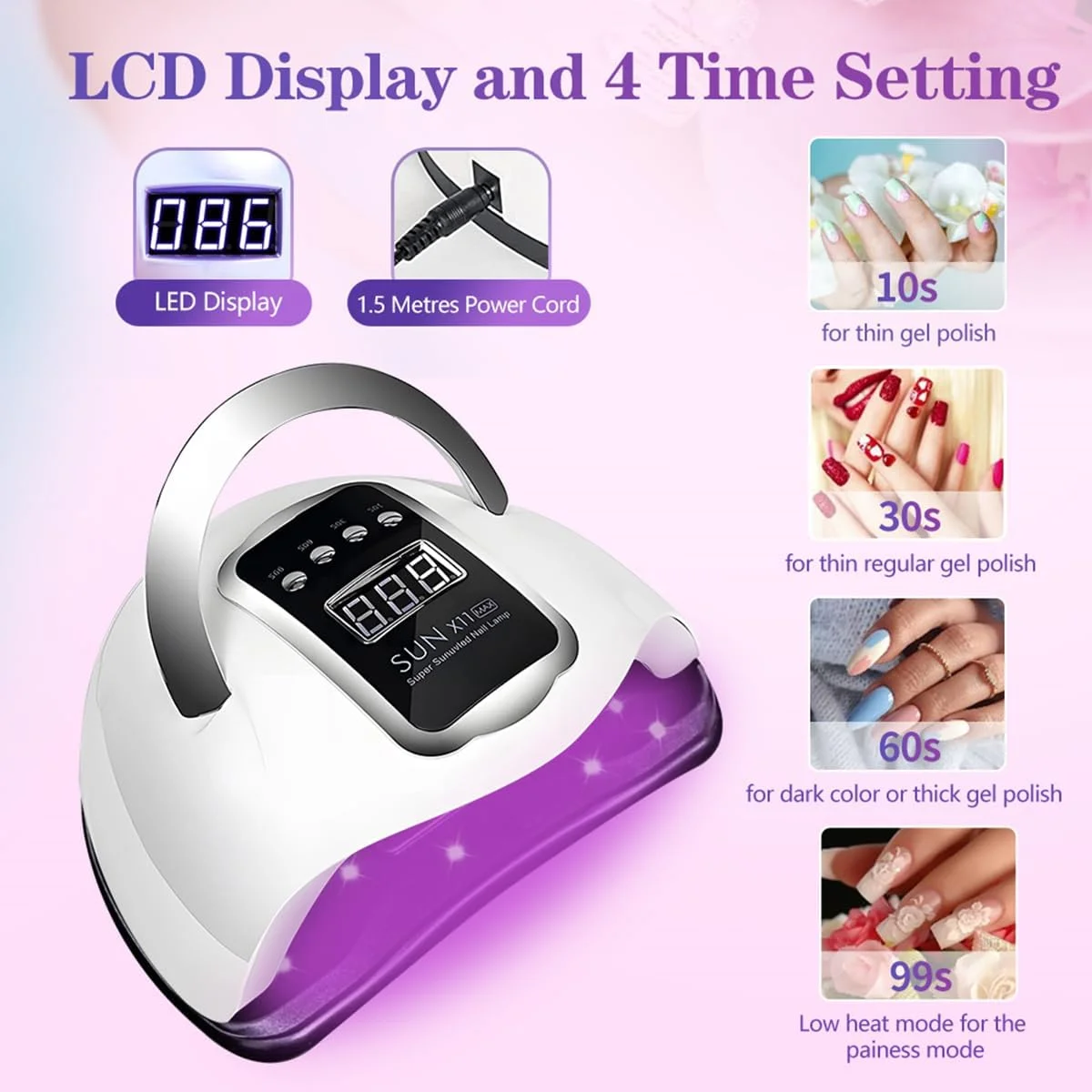 لامپ UV 280 واتی برای خشک کردن لاک ژل ناخن، لامپ حرفه ای ناخن، نور UV قرمز برای ناخن با 66 لامپ LED، لامپ ژل LED با حسگر خودکار، ابزار خشک کن قابل حمل هنر ناخن با 4 تنظیم تایمر