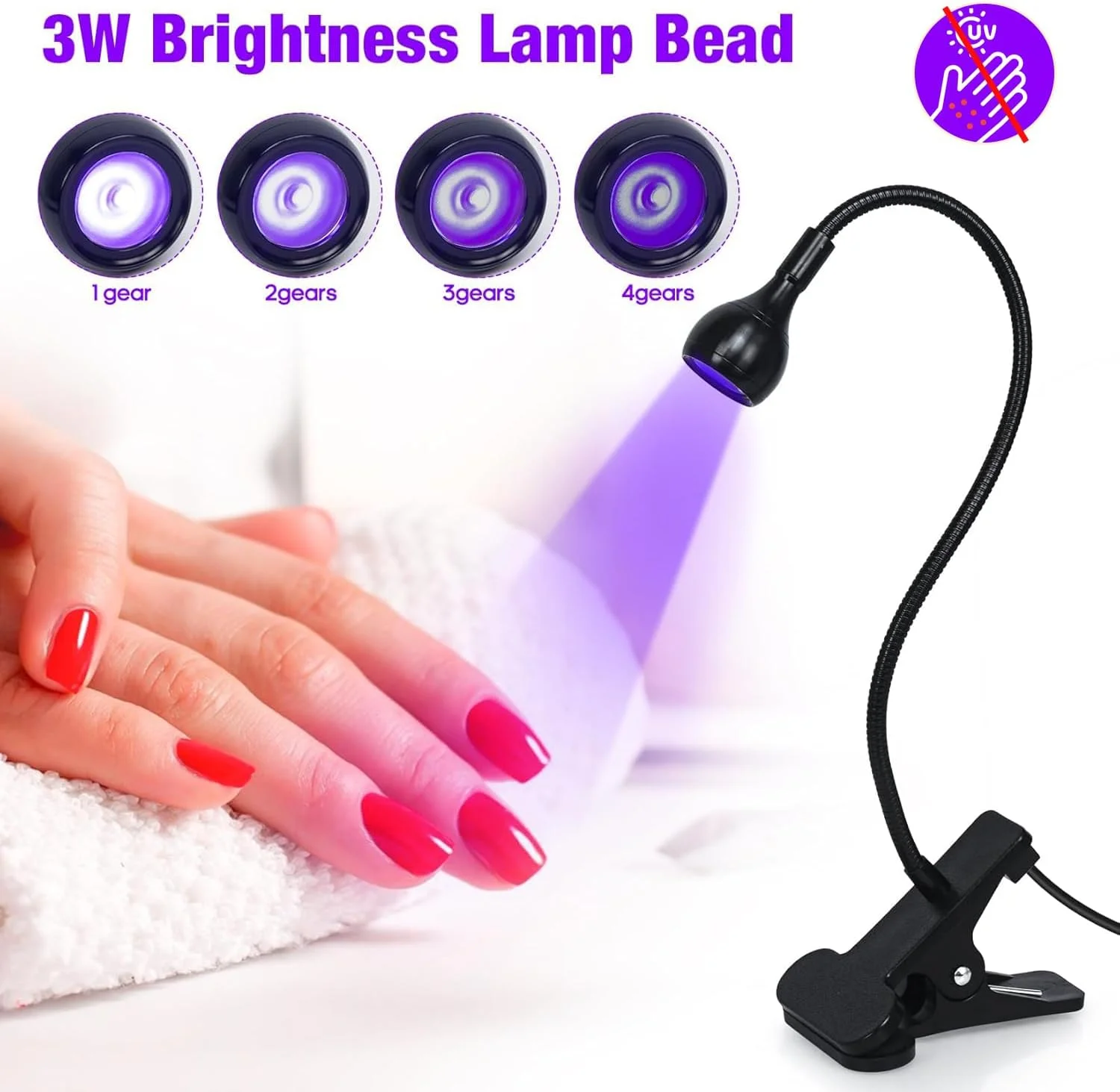 چراغ خشک کن لاک ناخن LED با گردن غازی مشکی و گیره برای لاک ژل