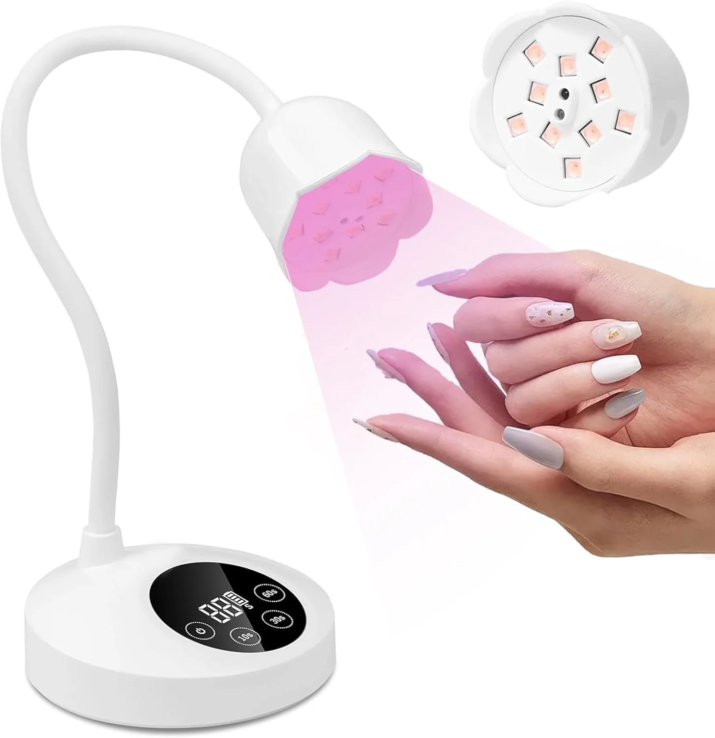 چراغ UV ناخن، چراغ UV کوچک برای لاک ژل ناخن 30 وات، چراغ LED قابل شارژ خشک کن ناخن با 4 تایمر و حسگر خودکار، لامپ گردن غازی با پخت سریع برای مانیکور خانگی