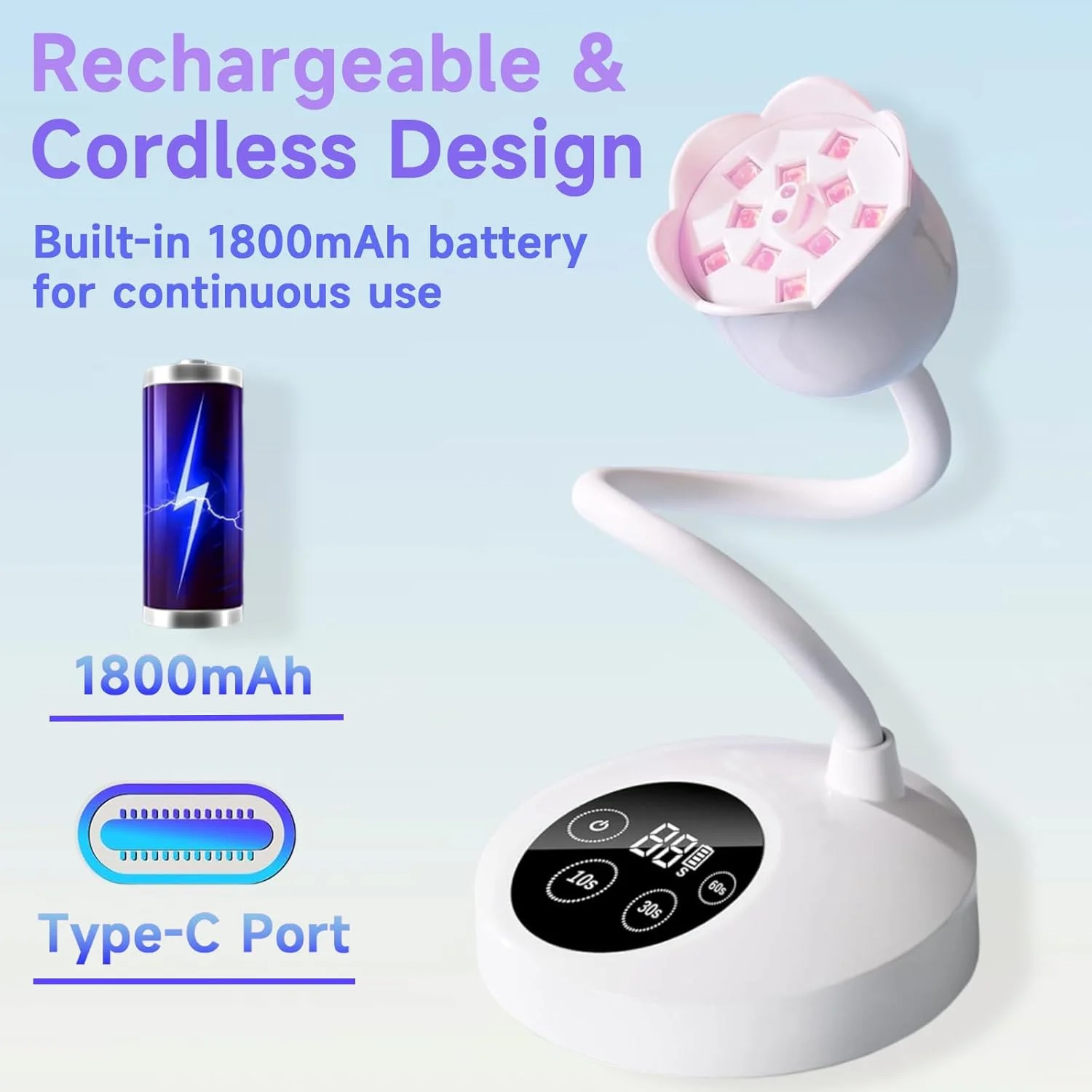 چراغ UV ناخن، چراغ UV کوچک برای لاک ژل ناخن 30 وات، چراغ LED قابل شارژ خشک کن ناخن با 4 تایمر و حسگر خودکار، لامپ گردن غازی با پخت سریع برای مانیکور خانگی