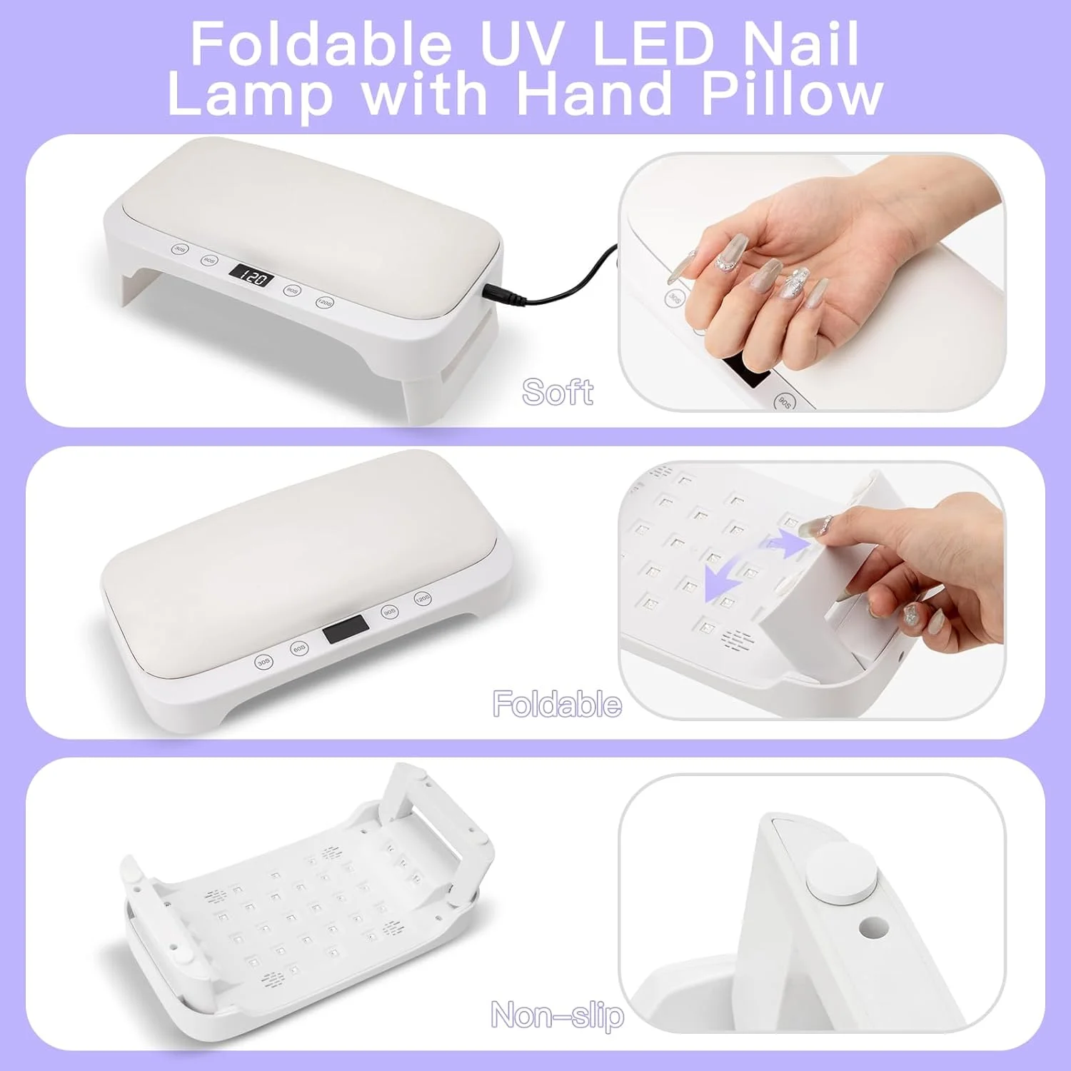 دستگاه خشک کن لاک ناخن UV با استراحتگاه دست: چراغ LED حرفه ای برای لاک ژل - دارای 4 تایمر و طراحی تاشو به همراه استراحتگاه دست مناسب استفاده در سالن های مانیکور و منزل - سفید