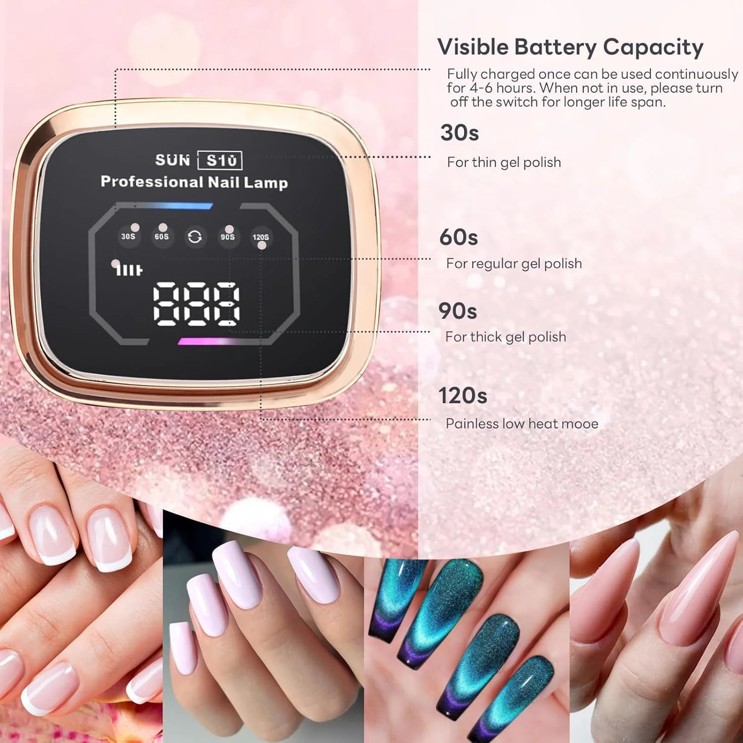 چراغ LED UV ناخن بی سیم Angju، چراغ ناخن 108 وات قابل شارژ UV برای ناخن های ژلی با صفحه نمایش LCD بزرگ، چراغ خشک کن ژل حرفه ای، خشک کن ناخن حسگر خودکار 4 تایمر برای سالن و خانه