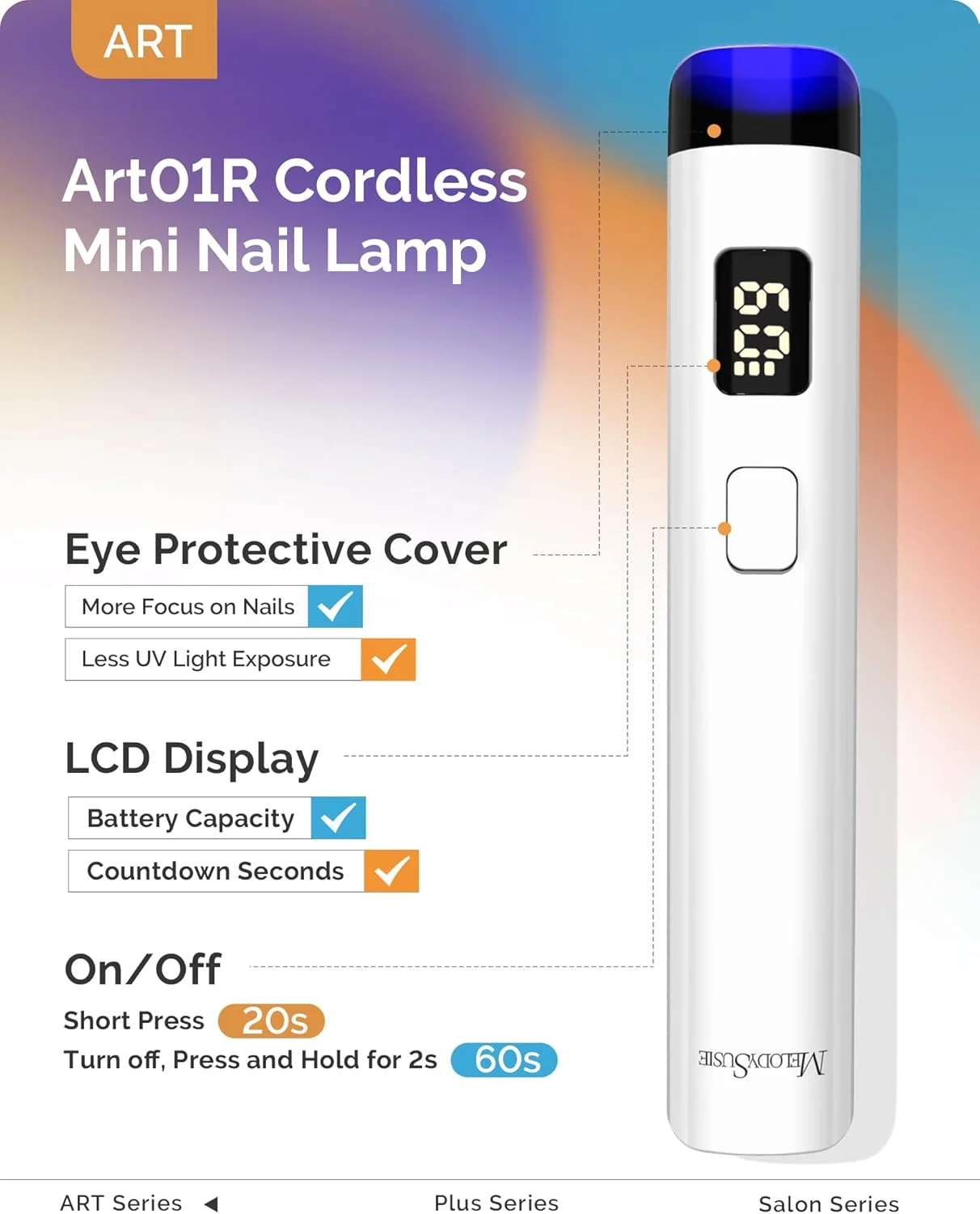 چراغ UV دستی Melodysusie برای ناخن های ژلی، مدل ART01R، مینی لامپ ناخن ژلی X شارژی بی سیم با صفحه نمایش LCD، تایمر 20/60 ثانیه، خشک کن ناخن قابل حمل برای چسباندن نگین و تزئینات، مناسب برای استفاده خانگی