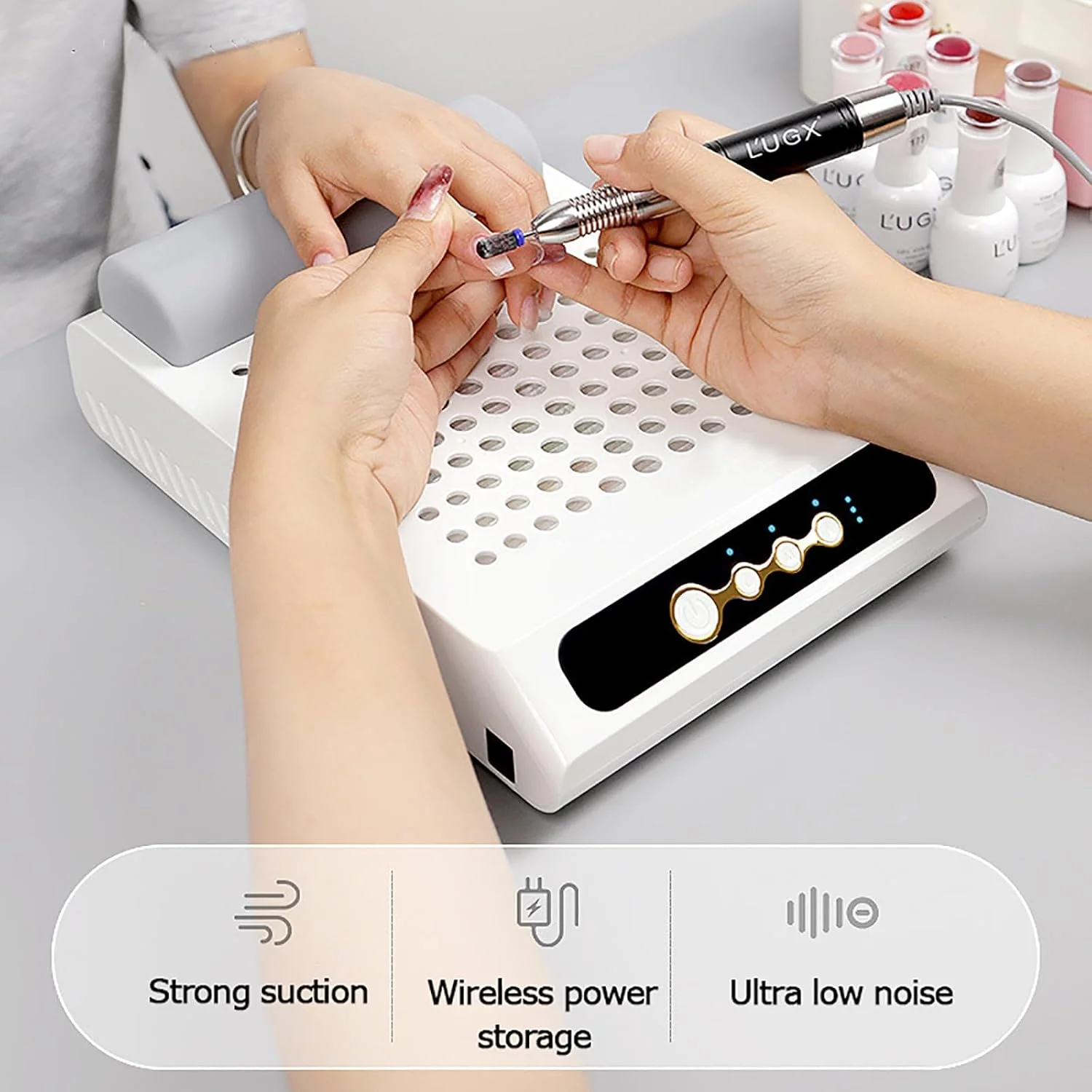 دستگاه جمع کننده گرد و غبار ناخن VoOqo، 70 وات، قابل شارژ، فن جاروبرقی، کم صدا، مکش قوی برای ناخن های ژلی آکریلیک