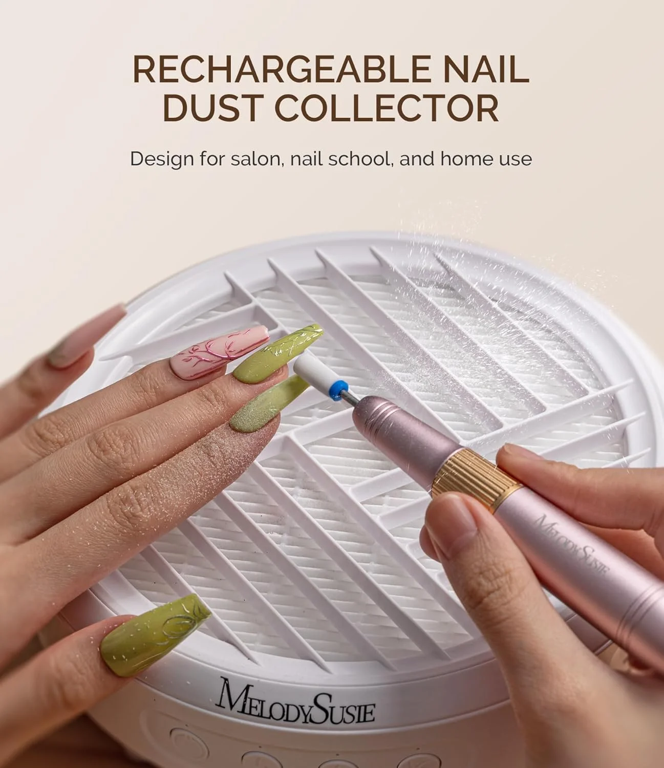 دستگاه جمع کننده گرد و غبار ناخن شارژی MelodySusie، فن مکنده جمع و جور بی سیم با فیلتر قابل استفاده مجدد، دستگاه مکش قدرتمند گرد و غبار SProR برای مانیکور پدیکور لاک ژل در سالن و منزل، سفید