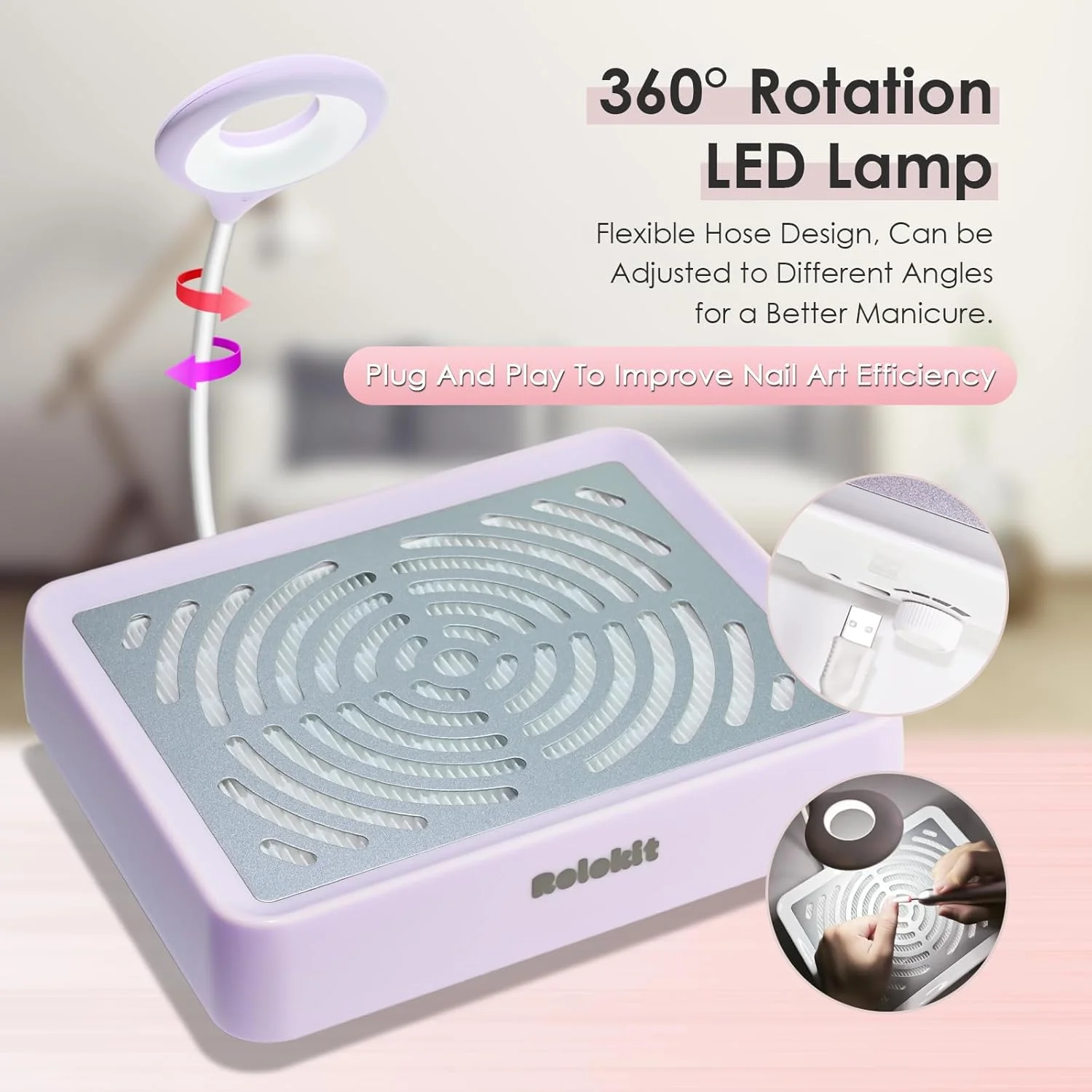 دستگاه جمع کننده گرد و غبار ناخن با لامپ، 50 عدد فیلتر یکبار مصرف و برس گردگیری، دستگاه مکنده برقی گرد و غبار ناخن برای مانیکور، پولیش ناخن های ژلی آکریلیک، کم صدا، مناسب سالن و منزل