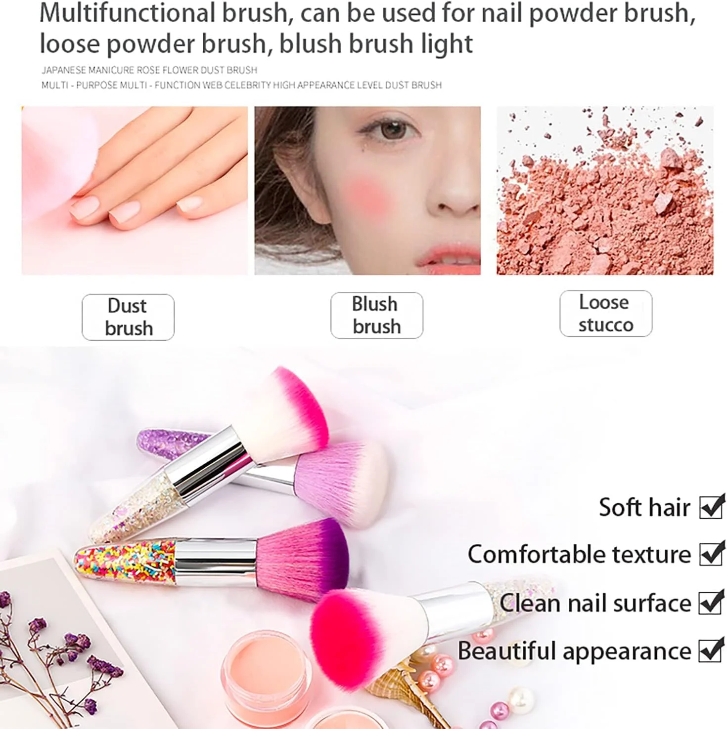 مجموعه 3 عددی برس گردگیری ناخن DANNEASY، برس های تمیز کننده گرد و غبار ناخن، برس پودر ناخن، برس بزرگ رژگونه آرایشی، مجموعه برس طراحی ناخن، ابزار طراحی ناخن