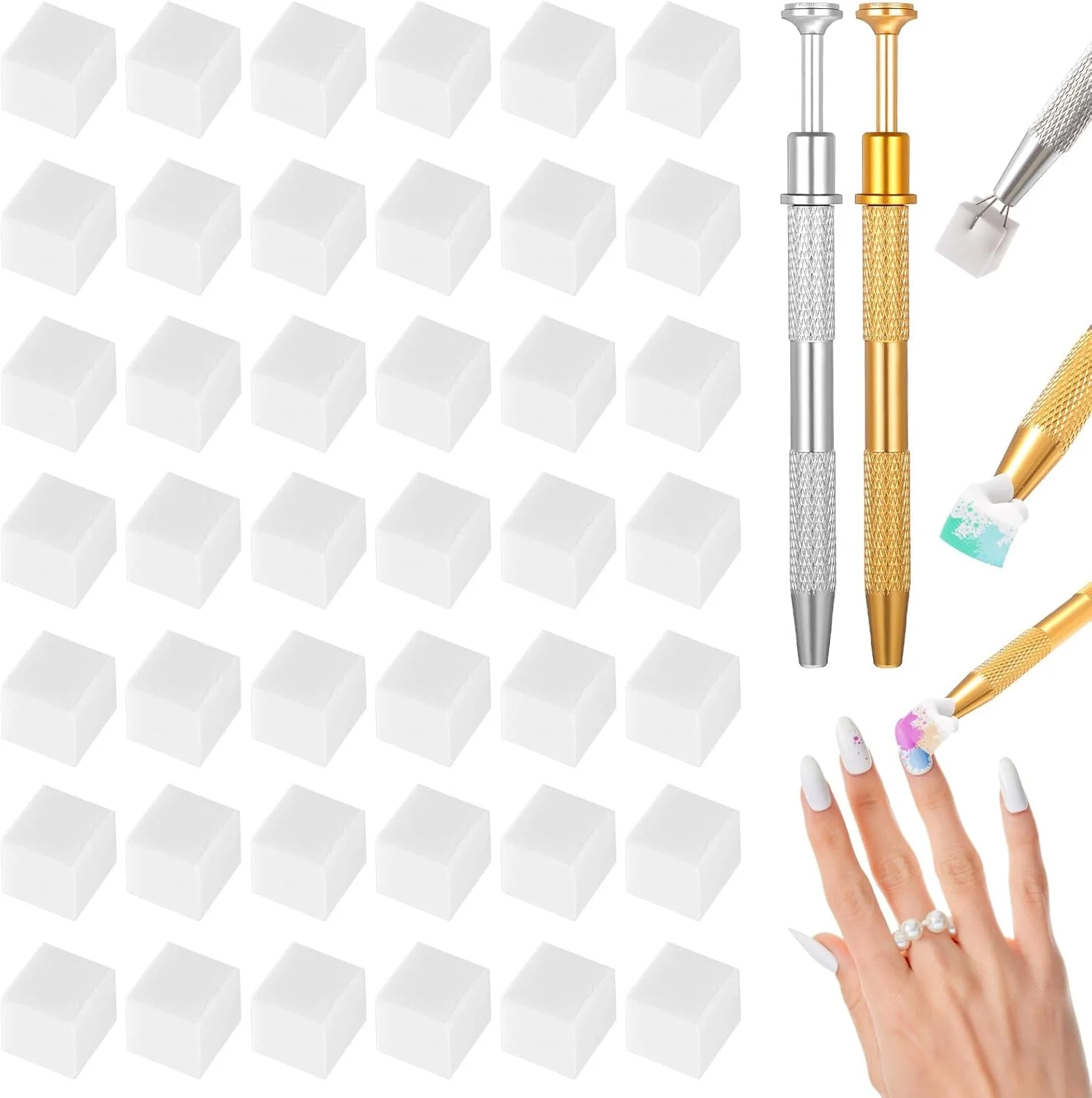 120 عدد اسفنج نرم طراحی ناخن، اسفنج ناخن با قلم گیره ای، ابزار طراحی ناخن مانیکور برای آمبره و گرادیان، لوازم جانبی ضروری (طلایی + نقره ای)
