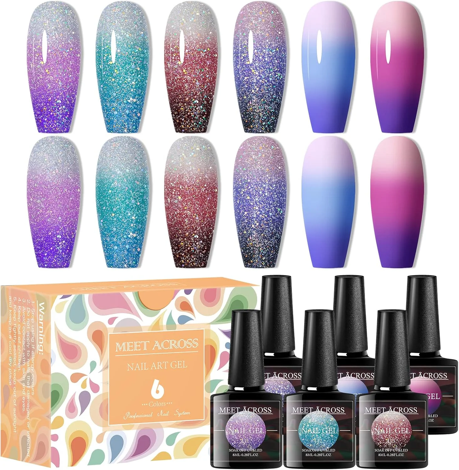 لاک ژل تغییر رنگ دهنده MEET ACROSS، ۶ رنگ تغییر دمایی اکلیلی بنفش آبی صورتی قرمز نقره ای مشکی، ماندگاری طولانی، مناسب استفاده با لامپ LED/UV، کیت خانگی برای بانوان