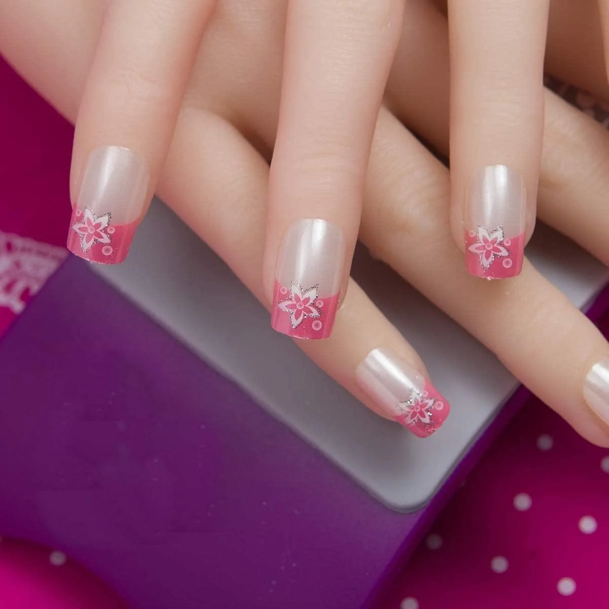 ناخن مصنوعی زنانه با نوک فرانسوی و طرح ایربراش متقاطع، چسب فوق العاده ارتقا یافته، فرم مناسب و برداشتن آسان - 24 عدد - JQ124