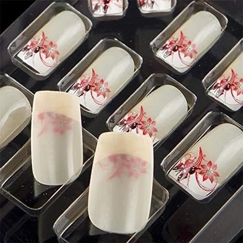 ناخن مصنوعی زنانه با طراحی نوک فرانسوی و ایربراش، چسبندگی فوق العاده و نصب آسان - 24 عدد - 12J246