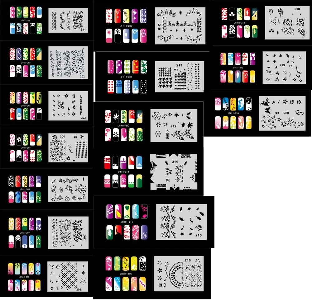 ابزار طراحی استنسیل مانیکور برای طراحی DIY با ایربراش، 20 عدد شابلون رنگ ناخن قابل استفاده مجدد (مجموعه 11 (201-220))