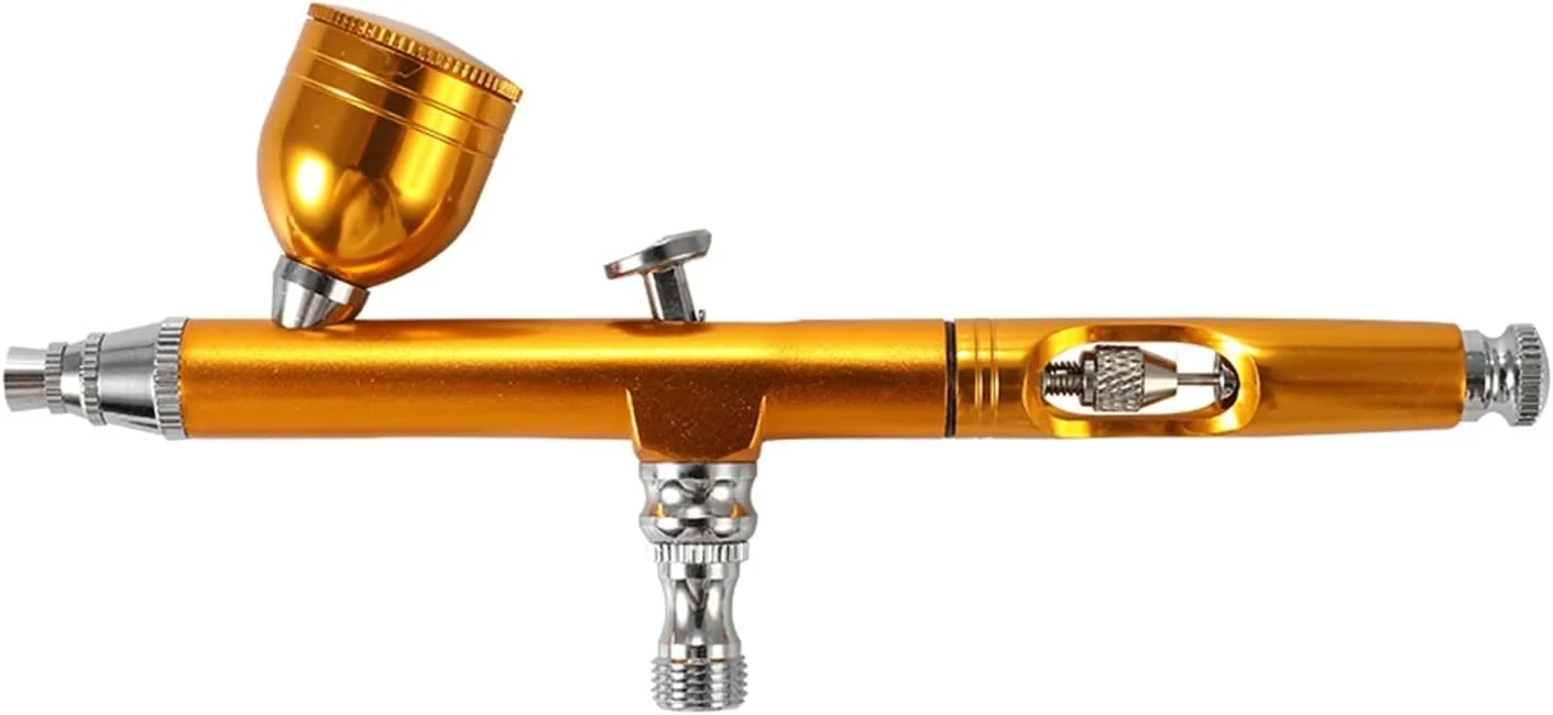 ایر براش کیت، پمپ اسپری مینی سایز، قلم و ست کمپرسور هوا برای نقاشی هنری، کاردستی، ناخن، بدن، کیک، مدل سازی و سندبلاست پرتابل (طلایی)