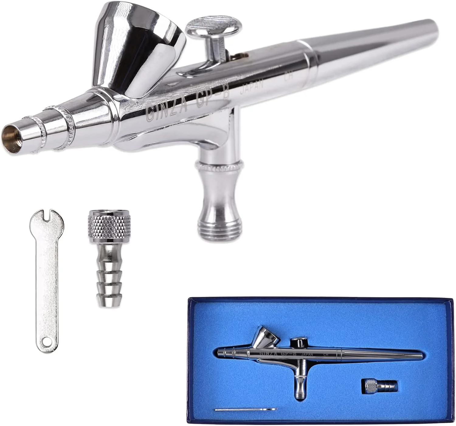 گان ایربراش دوال اکشن گینزا HP BR با مخزن کوچک گرانشی (مدل GP-B) ساخت ژاپن، مناسب برای طراحی ناخن، ایربراشینگ، برنزه کردن، تتو، اسپری بدن، نقاشی خودرو یا نقاشی هنری