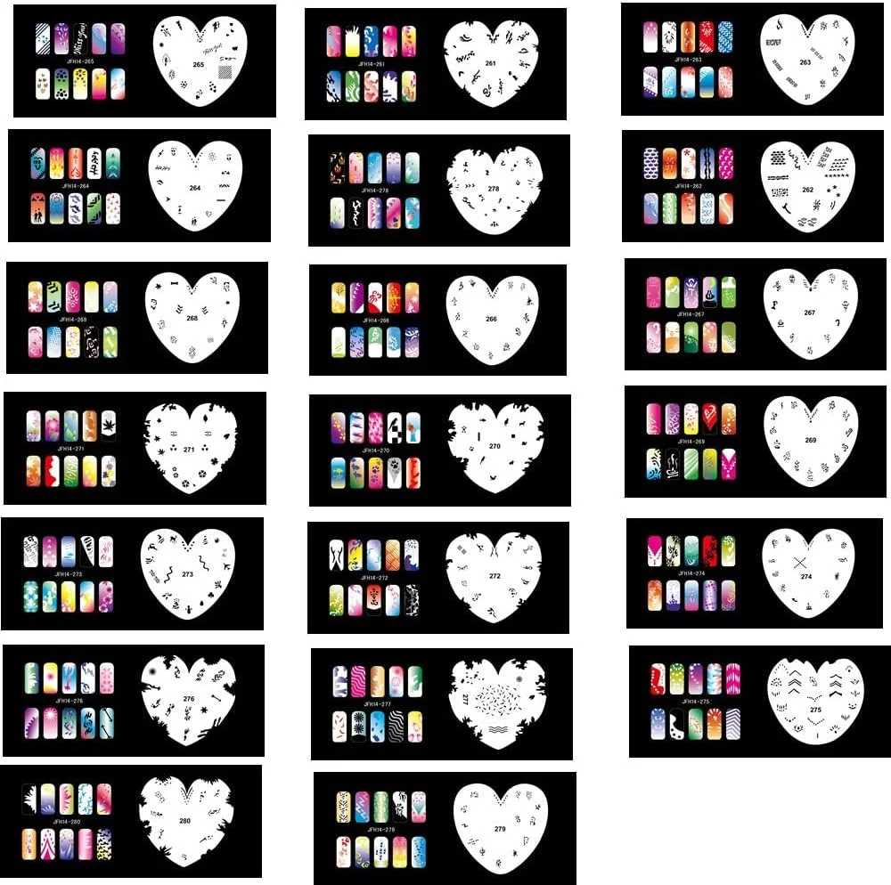 ابزار شابلون طراحی ناخن بایتر، ایربراشینگ، 20 عدد، ورق قالب رنگ ناخن قابل استفاده مجدد (ست 14 (261-280))