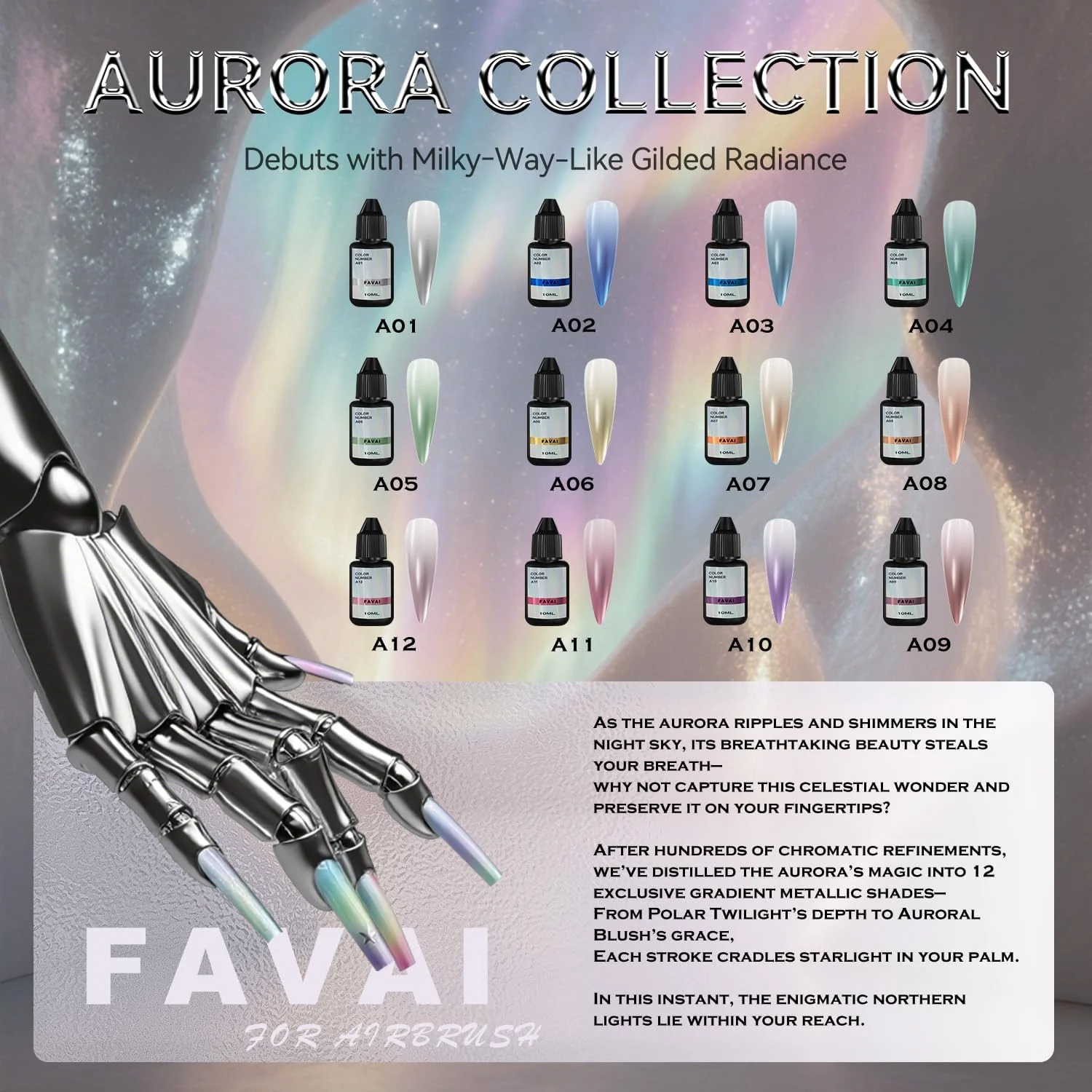 مجموعه آرورا FAVAI (#A) 12 رنگ ژل ایربراش برای طراحی ناخن، ست ژل ایر ناخن 12 رنگ متالیک لوکس الهام گرفته از نورهای شمالی برای طراحی درخشان ناخن، 12 x 10 میلی لیتر مجموعه آرورا FAVAI (#A) 12 رنگ ژل ایربراش برای طراحی ناخن، ست ژل ایر ناخن 12 رنگ متالیک لوکس الهام گرفته از نورهای شمالی برای طراحی درخشان ناخن، 12 x 10 میلی لیتر