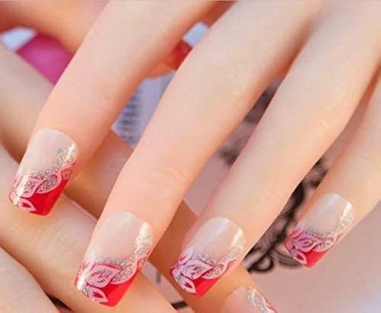 ناخن مصنوعی زنانه با نوک فرانسوی و طرح ایربراش متقاطع، چسبندگی فوق العاده و نصب آسان - 24 عدد - JQ030