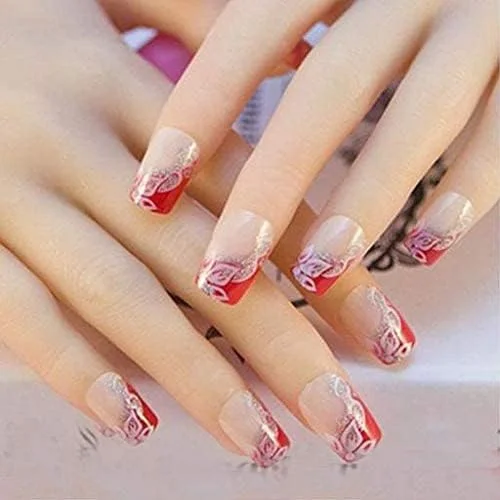 ناخن مصنوعی زنانه با نوک فرانسوی و طرح ایربراش متقاطع، چسبندگی فوق العاده و نصب آسان - 24 عدد - JQ030