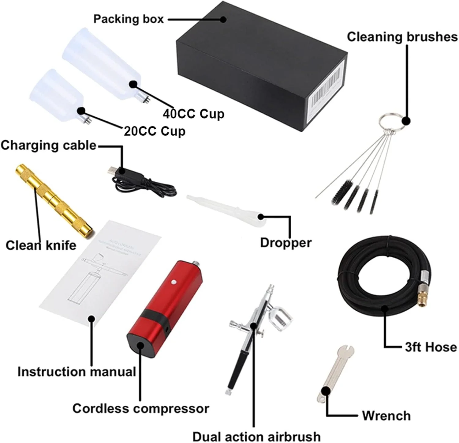 ایر براش مینی BREAUX با فنجان قابل تعویض، اسپری مشکی و قرمز مناسب نقاشی، آرایشگری، آرایش، تزئین غذا، تاتو، ناخن و ابزار سندبلاست (رنگ: A) (رنگ: D)