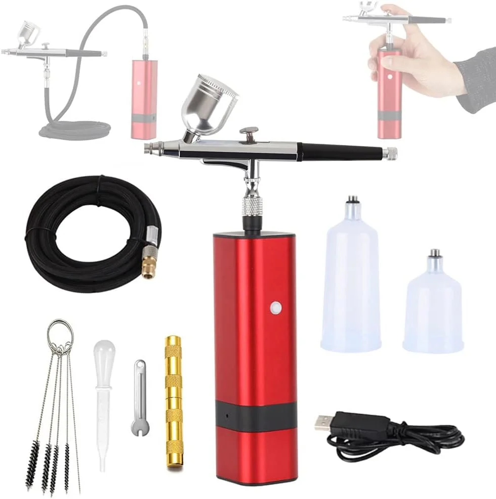 کمپرسور ایربراش بی سیم، تفنگ اسپری قابل حمل دوگانه، دستگاه آبرسانی لوکس صورت، دو روش کنترل، اتمیزاسیون نفیس، قرمز