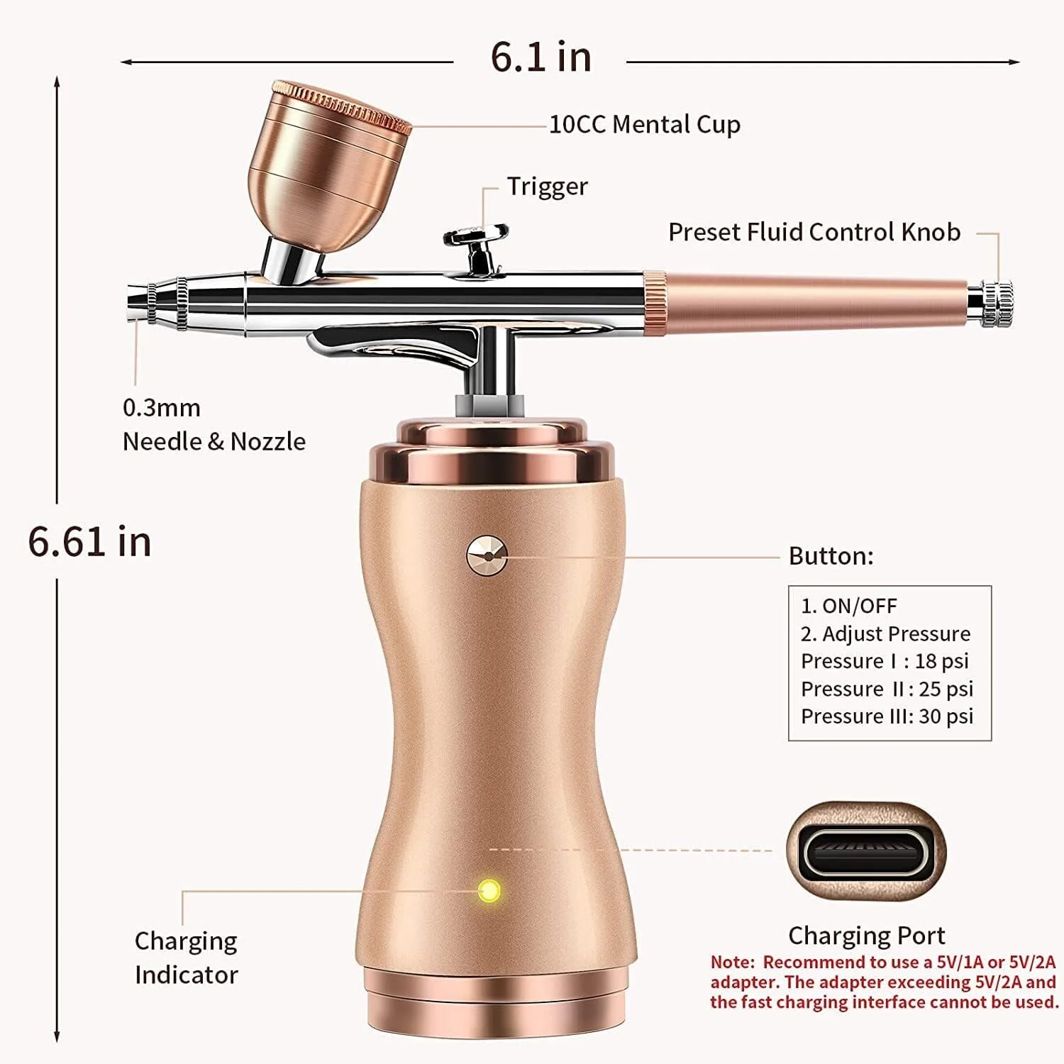 کیت لایموس با کمپرسور، ست ایربراش بی سیم قابل حمل برای نقاشی با فشار 30PSI، مینی دستی دوال اکشن با تغذیه گرانشی و نازل 0.3 میلی متری برای مدل، ناخن، تزیین کیک، طلایی
