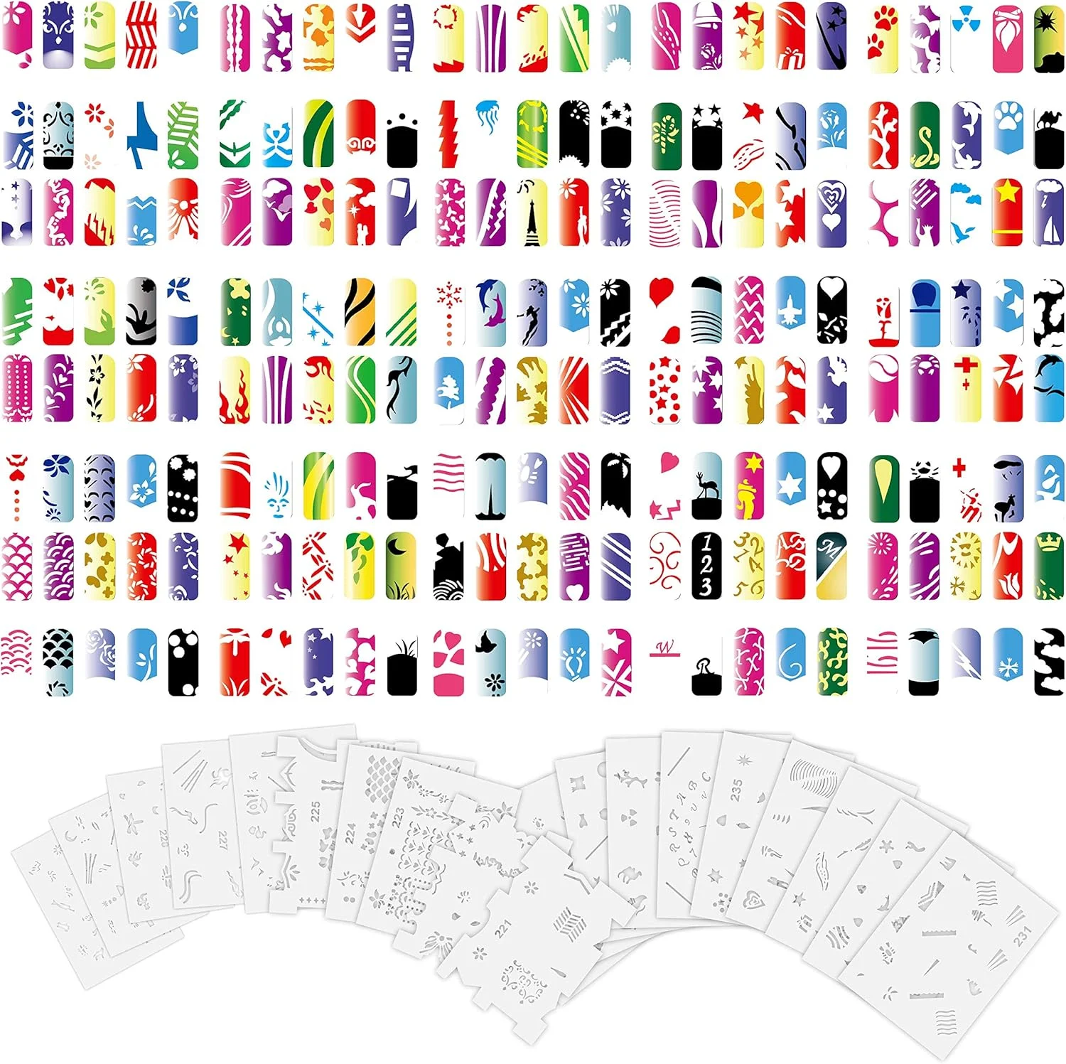 شابلون های ایربراش طرح دار برای هنر بدن و ناخن - مجموعه طرح شماره 12 شامل 20 شابلون ناخن جداگانه با 18 طرح در هر کدام، در مجموع 360 طرح از سری شماره 12