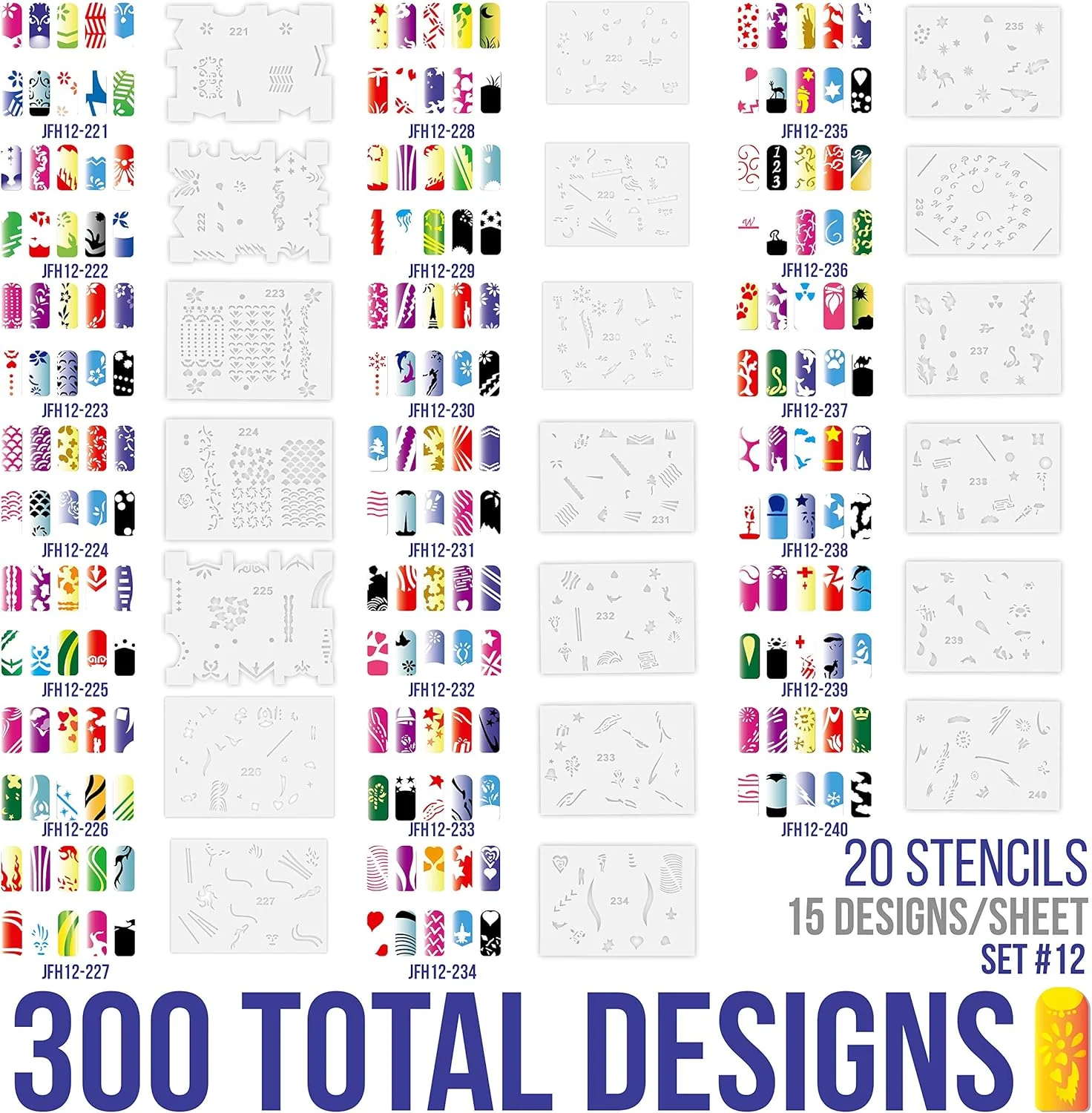 شابلون های ایربراش طرح دار برای هنر بدن و ناخن - مجموعه طرح شماره 12 شامل 20 شابلون ناخن جداگانه با 18 طرح در هر کدام، در مجموع 360 طرح از سری شماره 12 شابلون های ایربراش طرح دار برای هنر بدن و ناخن - مجموعه طرح شماره 12 شامل 20 شابلون ناخن جداگانه با 18 طرح در هر کدام، در مجموع 360 طرح از سری شماره 12