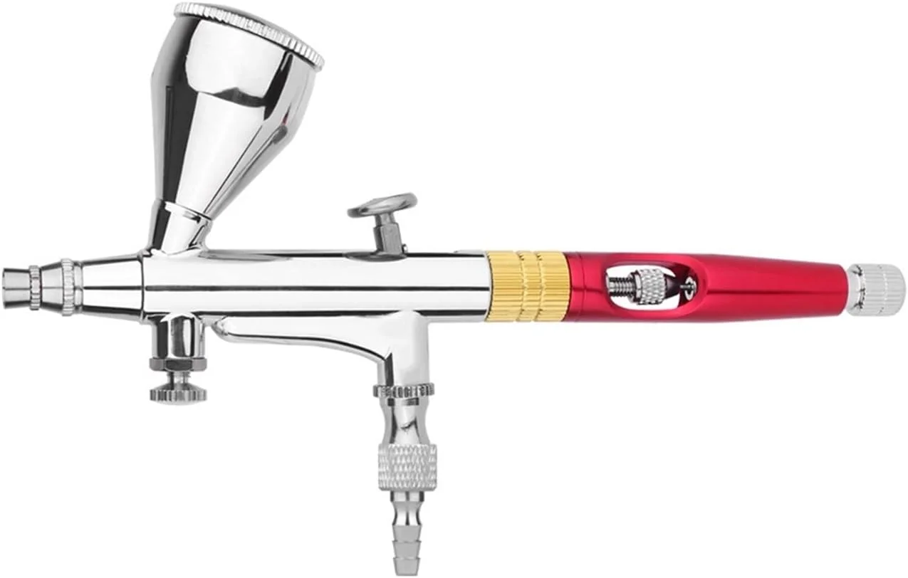 پیستوله رنگ پاش ایربراش مینی 9 سی سی با عملکرد دوگانه و فنجان مایع جداشدنی، مناسب برای رنگ آمیزی ناخن، آرایش، تاتو صورت، هنر DIY، رنگ قرمز طلایی و سندبلاست (مدل: NCT-SJ81-S1)