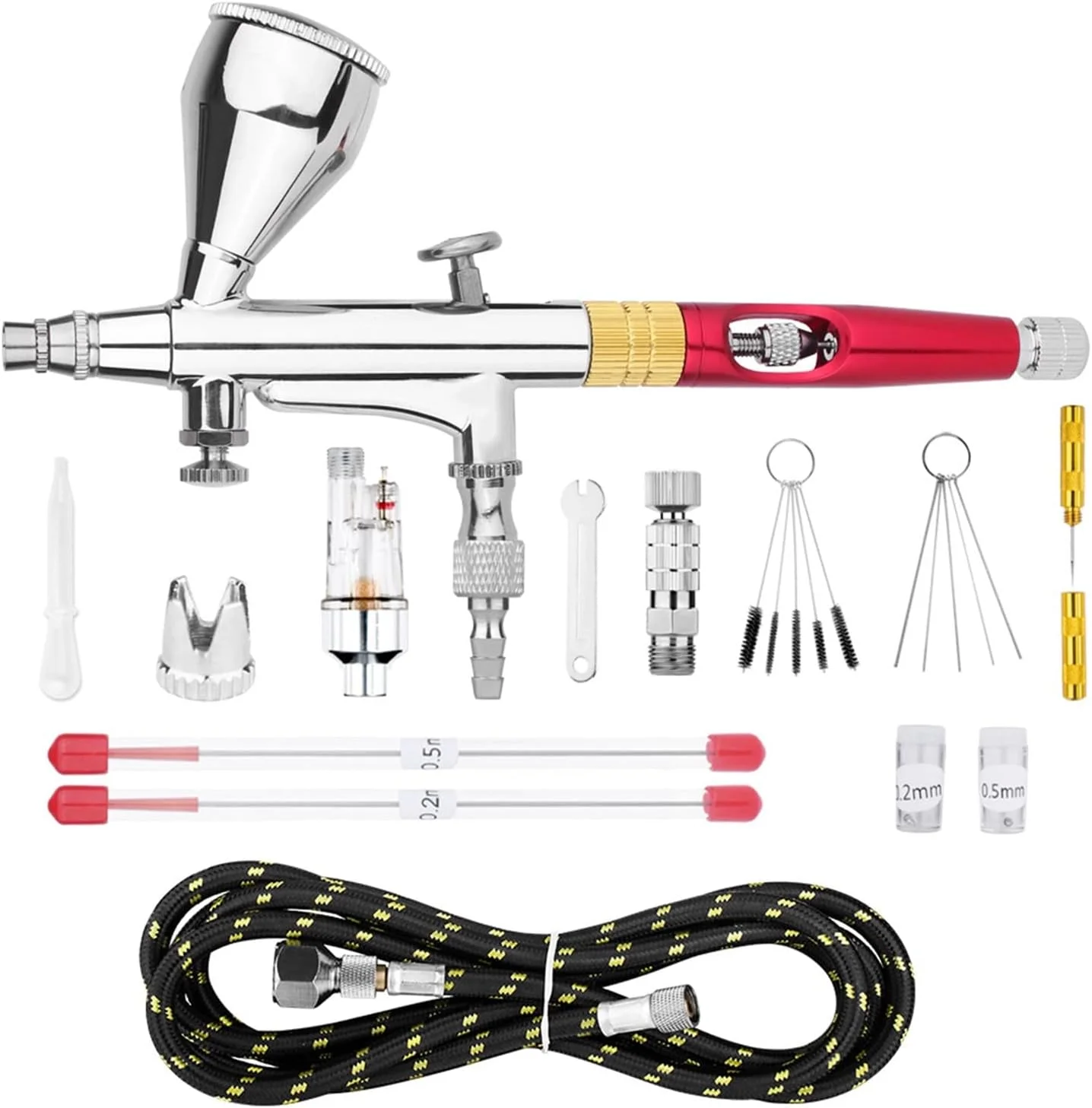 ایر براش مینی 9 سی‌سی با عملکرد دوگانه و مخزن رنگ جداشدنی، مناسب برای رنگ، طراحی ناخن، آرایش، تتو صورت، هنر DIY، رنگ قرمز و طلایی