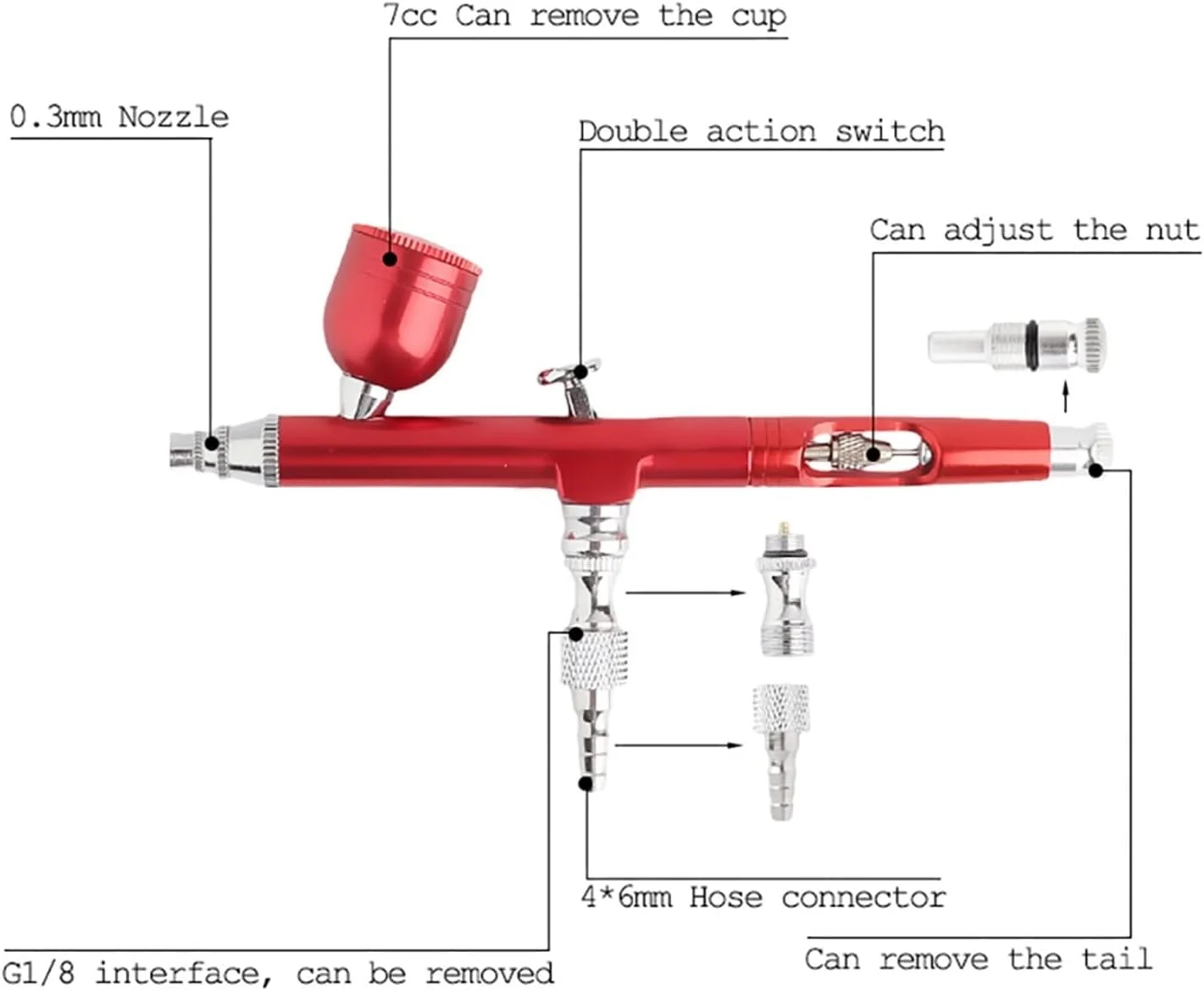کیت ایربراش، ایربراش دوال اکشن گرانشی، نازل 0.3 میلی متری، تفنگ اسپری برای تزئین کیک، مانیکور ناخن به همراه کیت تمیز کننده برای نقاشی و مدل سازی DIY