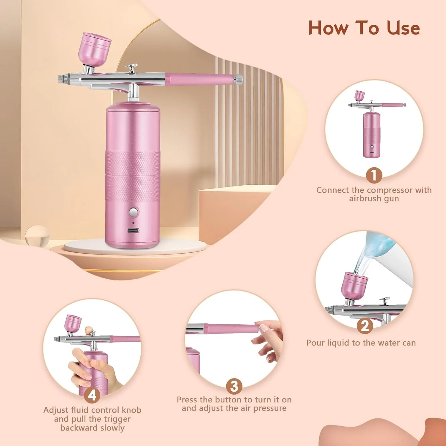 تفنگ ایربراش دستی قابل حمل، ست ایربراش مینی شارژی با کمپرسور، مناسب برای آرایش، گرافیتی، خالکوبی، ناخن، نقاشی صورت، نقاشی هنری، تزئین کیک