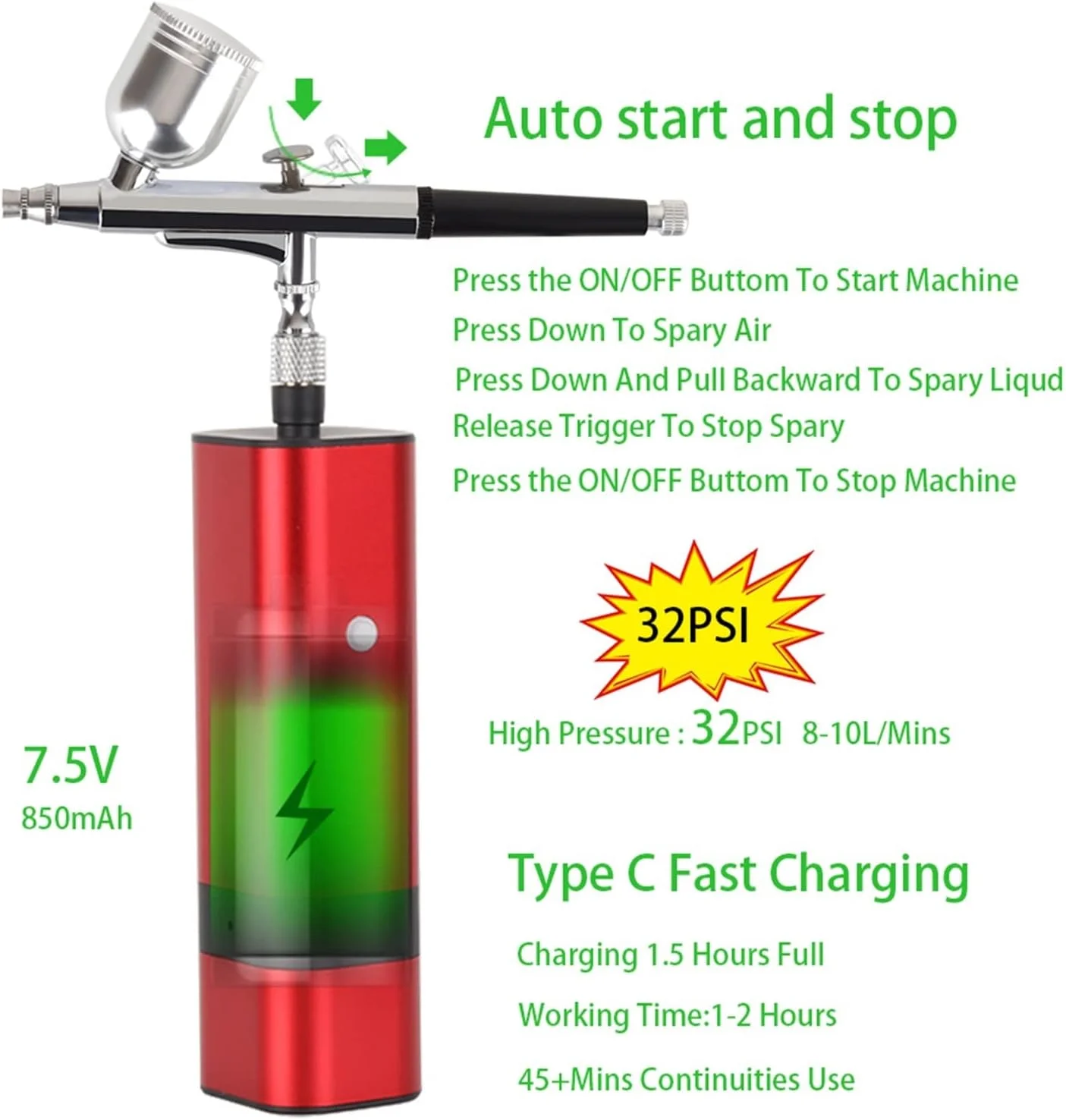 ایر براش اسپری 32PSI کمپرسور ایربراش بی سیم TM80S-131 دوال اکشن قابل حمل برای هنر ناخن موقت، خودرو، سرگرمی ایر براش اسپری 32PSI کمپرسور ایربراش بی سیم TM80S-131 دوال اکشن قابل حمل برای هنر ناخن موقت، خودرو، سرگرمی