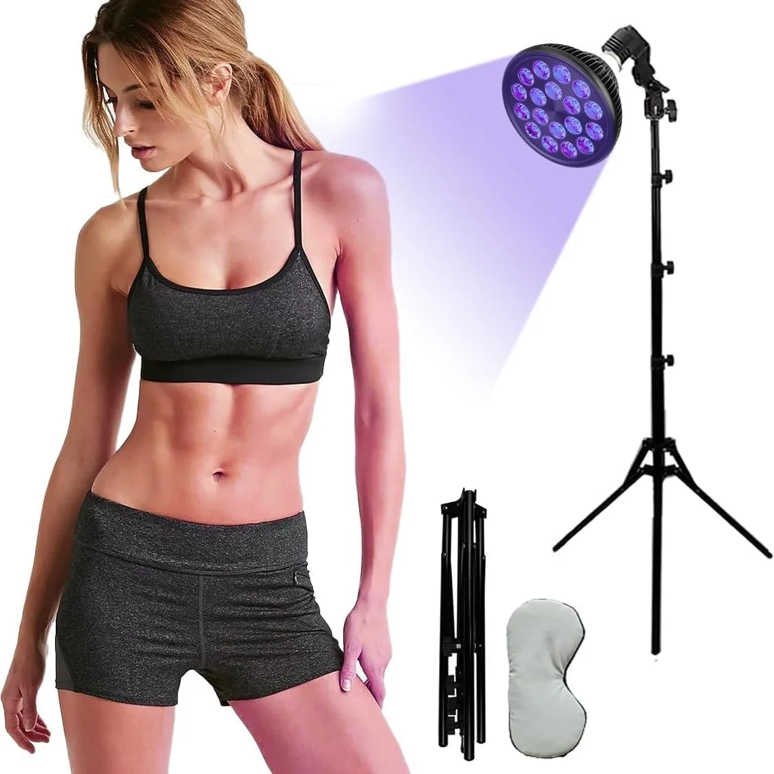 دستگاه سولاریوم تاشو با نورپردازی، دستگاه برنزه کننده با ماسک چشم، دارای 18 عدد LED با پایه قابل تنظیم و تابش چند زاویه ای به همراه سه پایه برای صورت و بدن