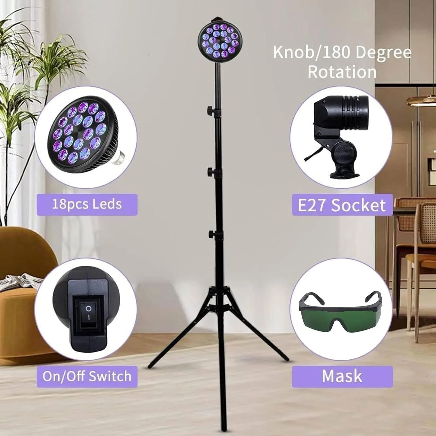 دستگاه سولاریوم تاشو با نورپردازی، دستگاه برنزه کننده با ماسک چشم، دارای 18 عدد LED با پایه قابل تنظیم و تابش چند زاویه ای به همراه سه پایه برای صورت و بدن