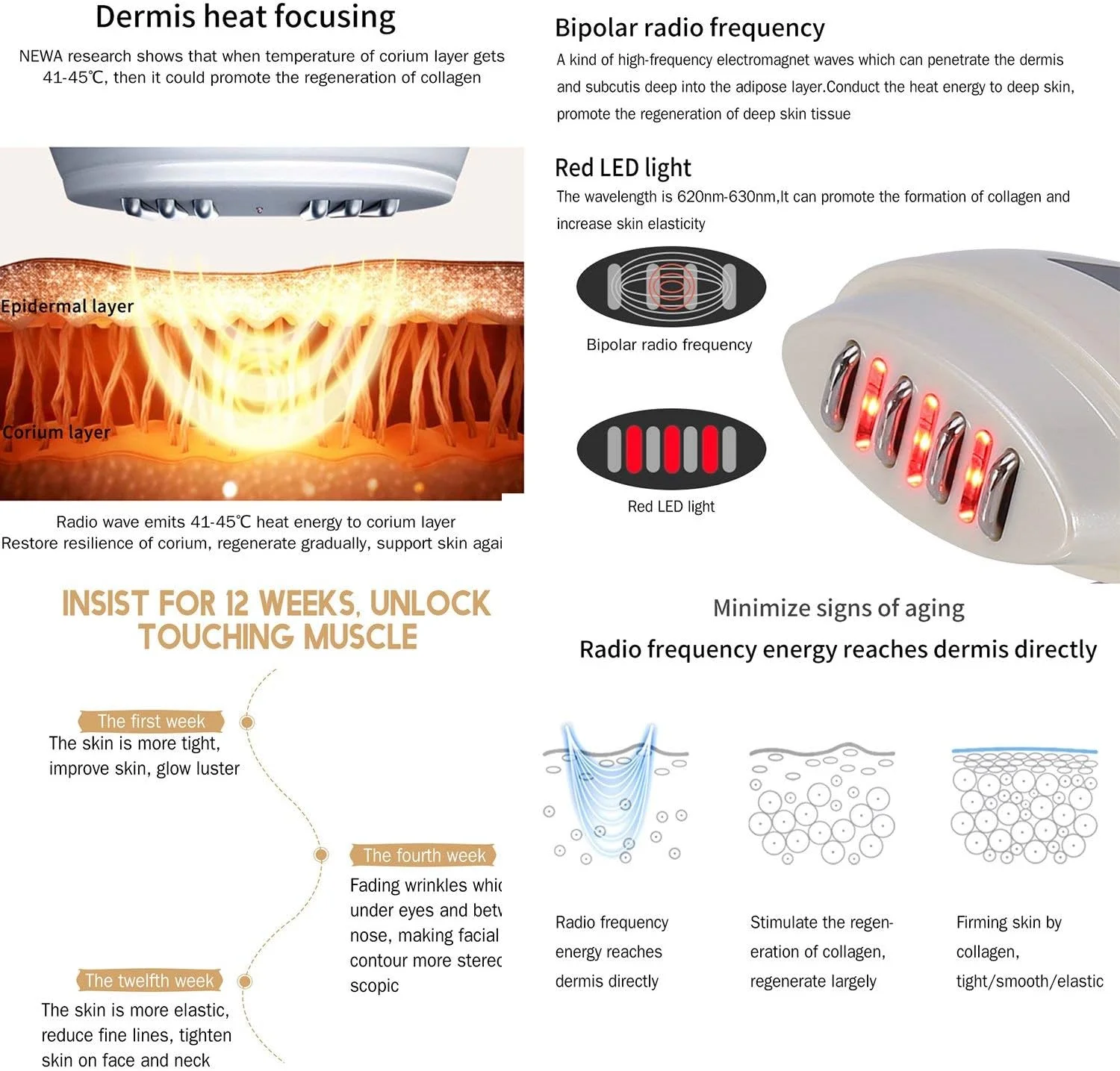 دستگاه مراقبت از پوست با فرکانس رادیویی، دستگاه زیبایی جوانسازی پوست صورت، ماساژور صورت با نور قرمز LED برای پاک کننده صورت، لیفتینگ و ضد چروک، سفت کننده و سفید کننده
