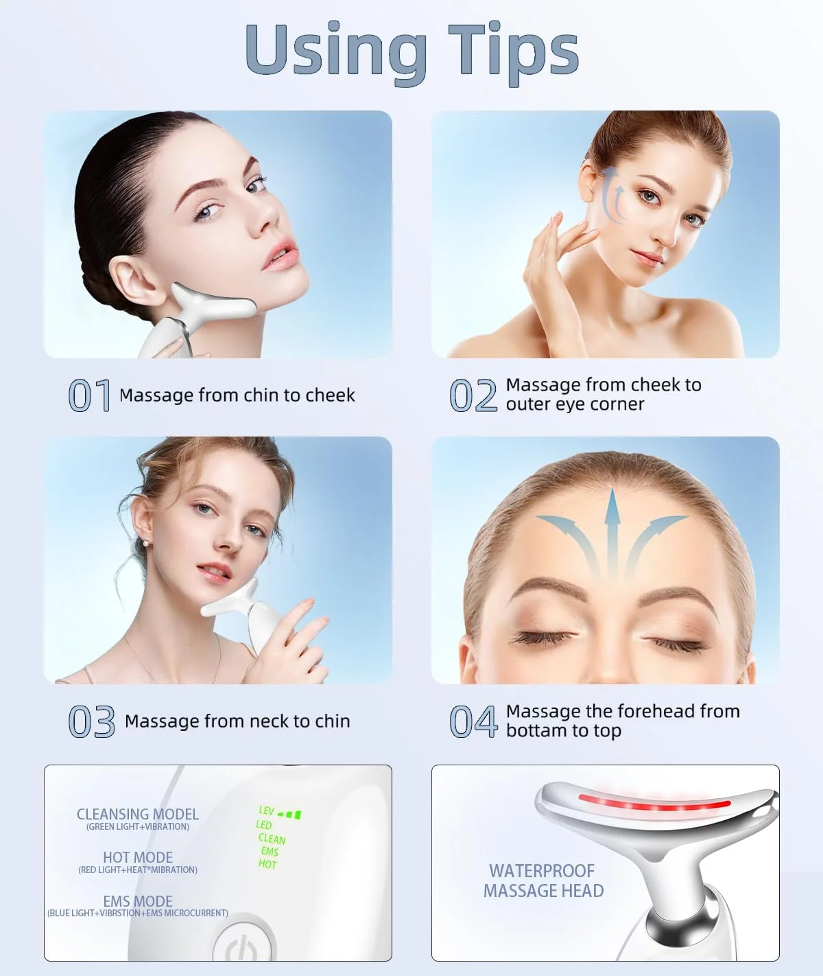 ماساژور نور قرمز برای رفع چین و چروک صورت، ماساژور 7 در 1 میکرو گلو برای صورت و گردن، مناسب برای مراقبت از پوست - سفید