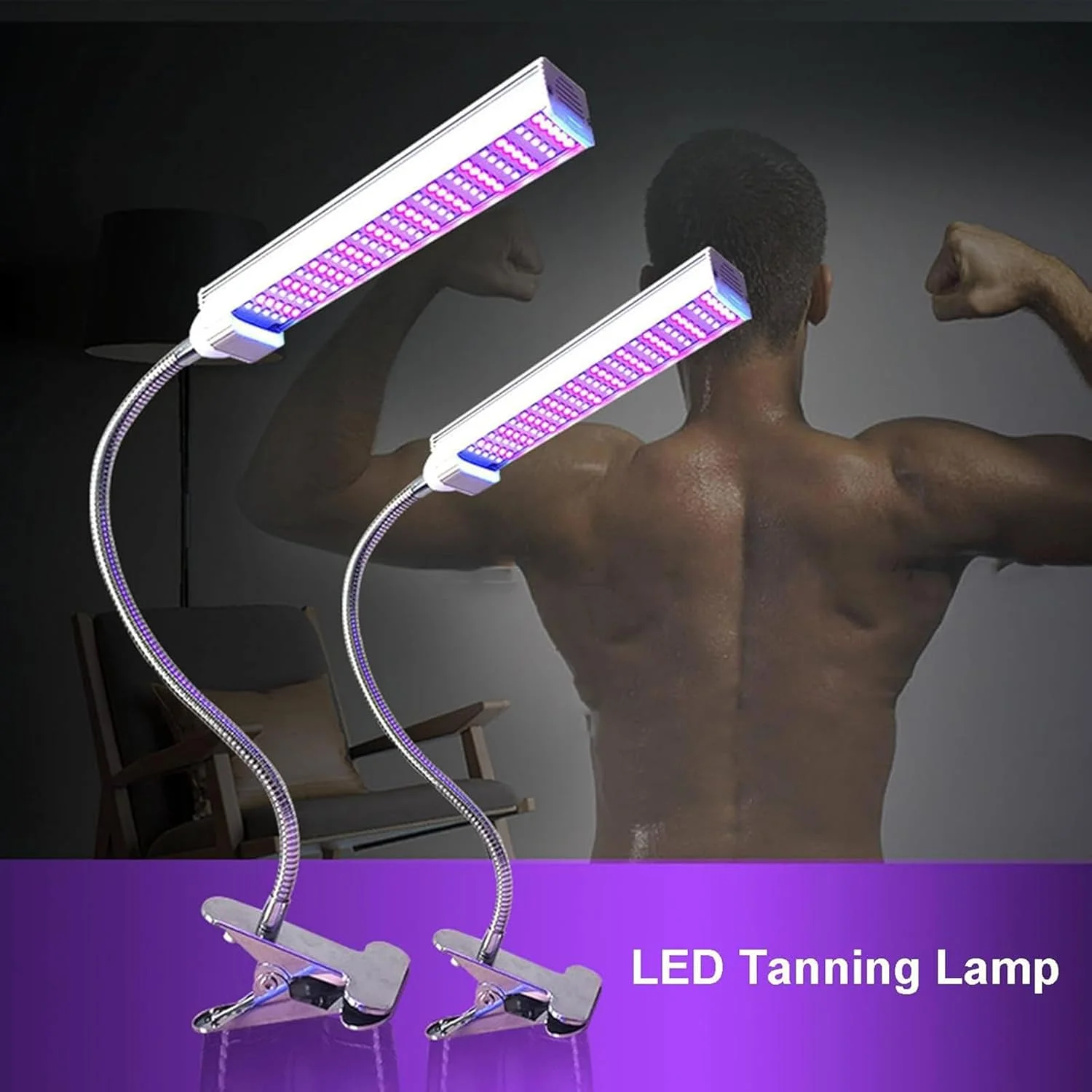 چراغ برنزه کننده LED با طول موج 365 نانومتر، دارای گیره، طراحی زمان‌بندی، قابلیت تنظیم 360 درجه و ناحیه تابش 60 * 30 سانتی‌متر، برای برنزه کردن صورت و بدن