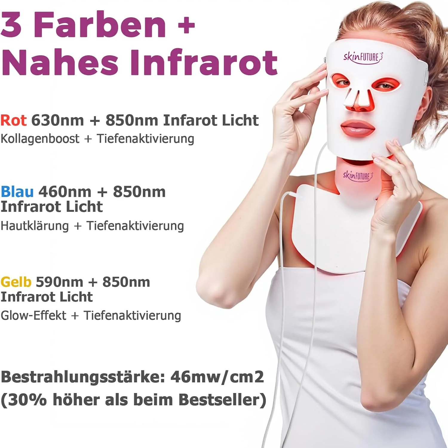 ماسک صورت LED برای صورت، گردن و دکلته - 480 LED، 4 حالت نور (قرمز، آبی، زرد، مادون قرمز نزدیک) - نور درمانی ضد پیری برای چین و چروک، آکنه و برای پوست درخشان ماسک صورت LED برای صورت، گردن و دکلته - 480 LED، 4 حالت نور (قرمز، آبی، زرد، مادون قرمز نزدیک) - نور درمانی ضد پیری برای چین و چروک، آکنه و برای پوست درخشان