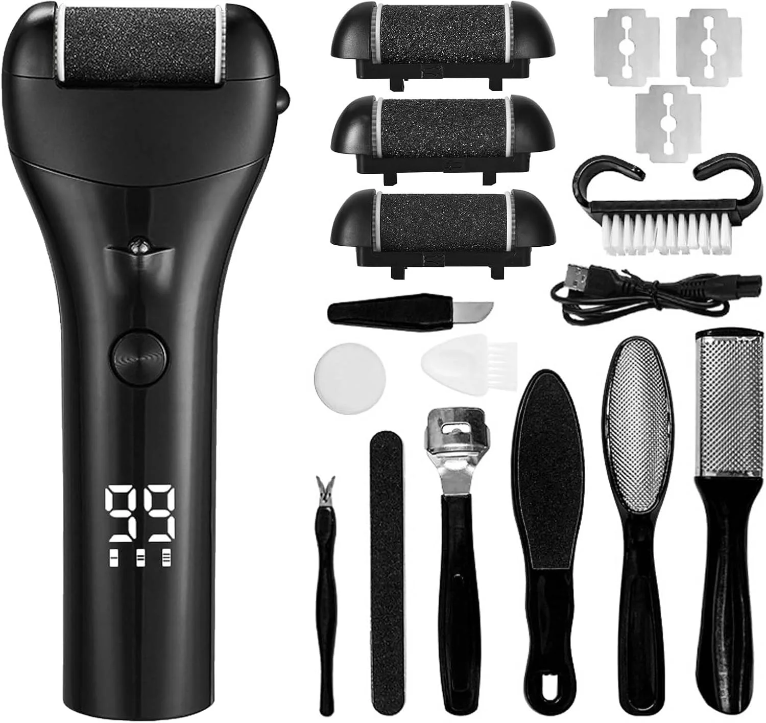 سوهان برقی پا - سوهان برقی از بین برنده پینه پا با 3 غلتک و 3 سرعت - ضد آب IPX7 - دستگاه پدیکور برای پاشنه های ترک خورده دارای چراغ LED (مشکی)