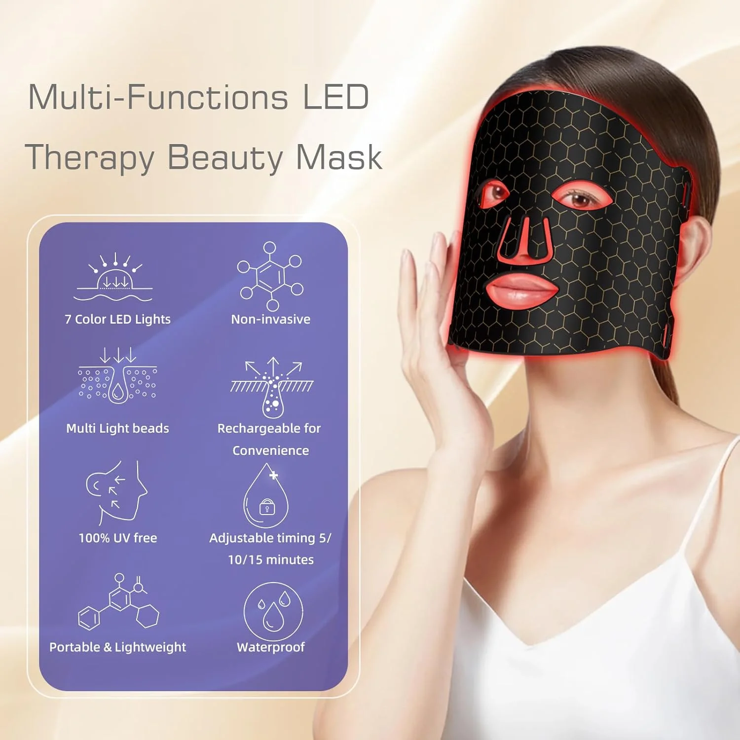 ماسک نوردرمانی قرمز برای صورت، ماسک صورت LED با 7 رنگ، ماسک صورت LED قابل شارژ برای رفع چین و چروک و آکنه، مراقبت حرفه ای از پوست در خانه (مشکی)